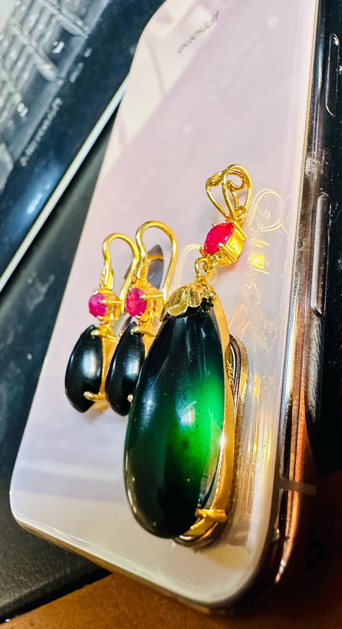 HighQuality Natural Burmese Black Jadeite Jade(Type A) Pendant and Earrings(TW 20.93CT)with Natural Burmese Ruby in 20K Solid Gold.