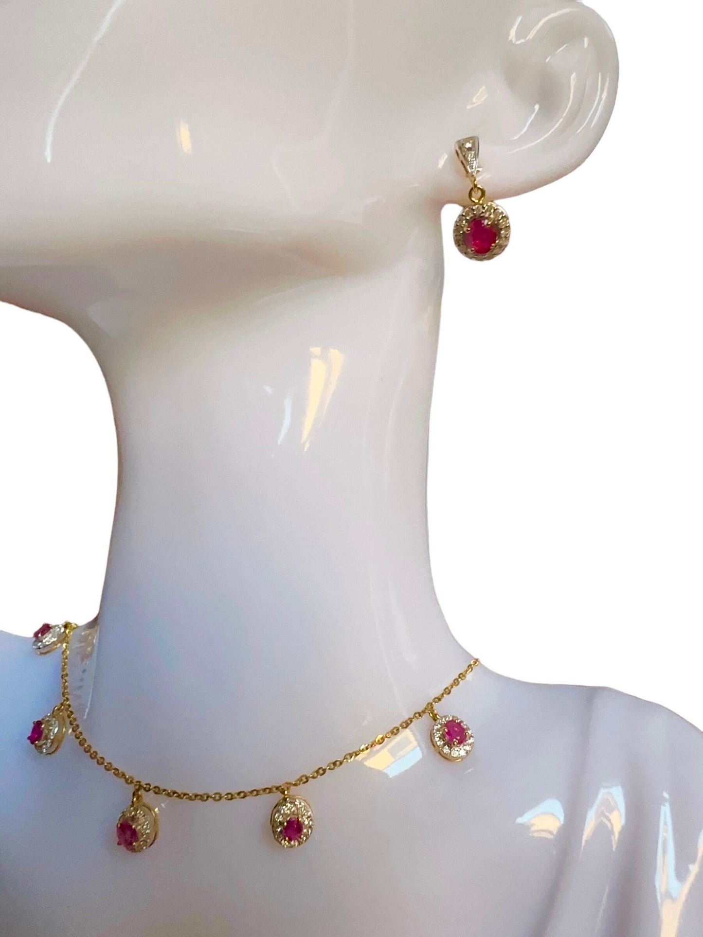 Total 1.35 CT Natural Unheated Burmese (5)Rubies and Genuine Diamonds with 21K gold necklace
