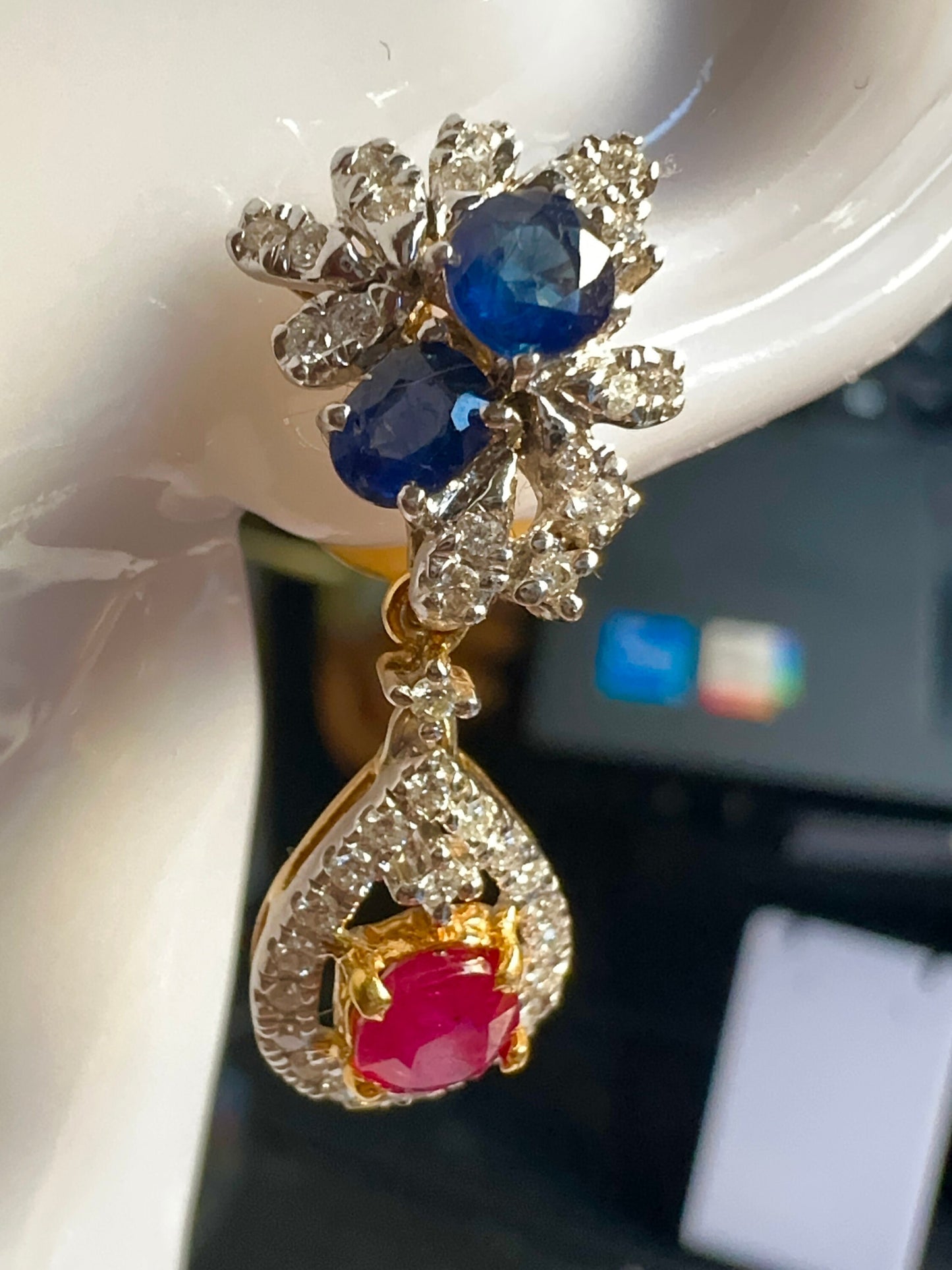 Beautiful natural untreated Burmese ruby, sapphire, and diamond (2 in 1) earring stud in 18K Solid Gold