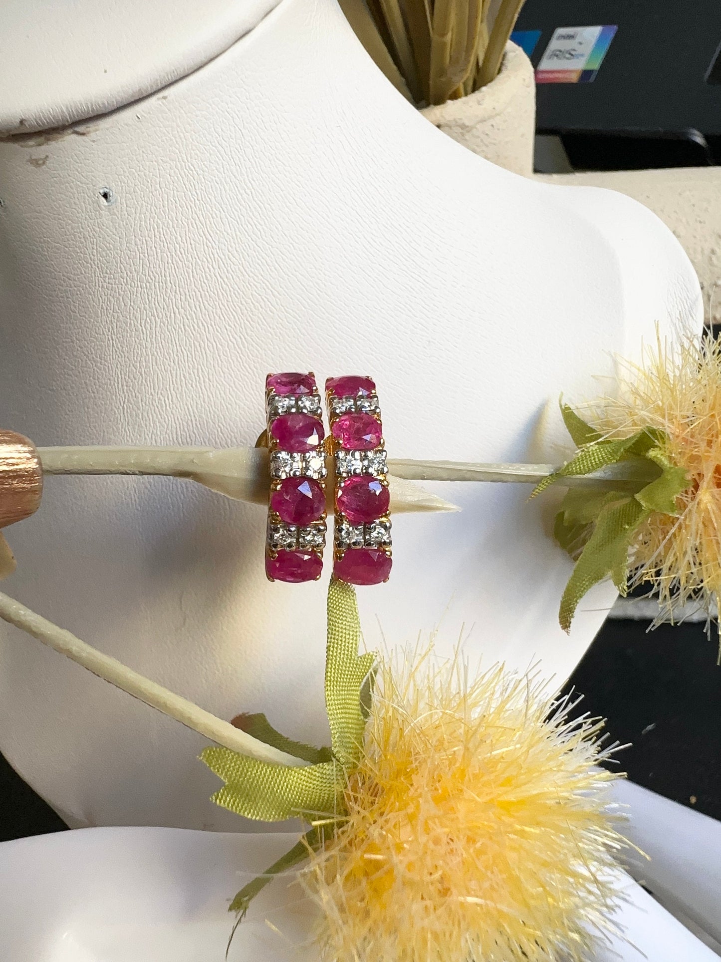 Total 3.63CT Burmese Unheated Rubies and Natural Diamonds Stud Earrings in 20K Solid Gold