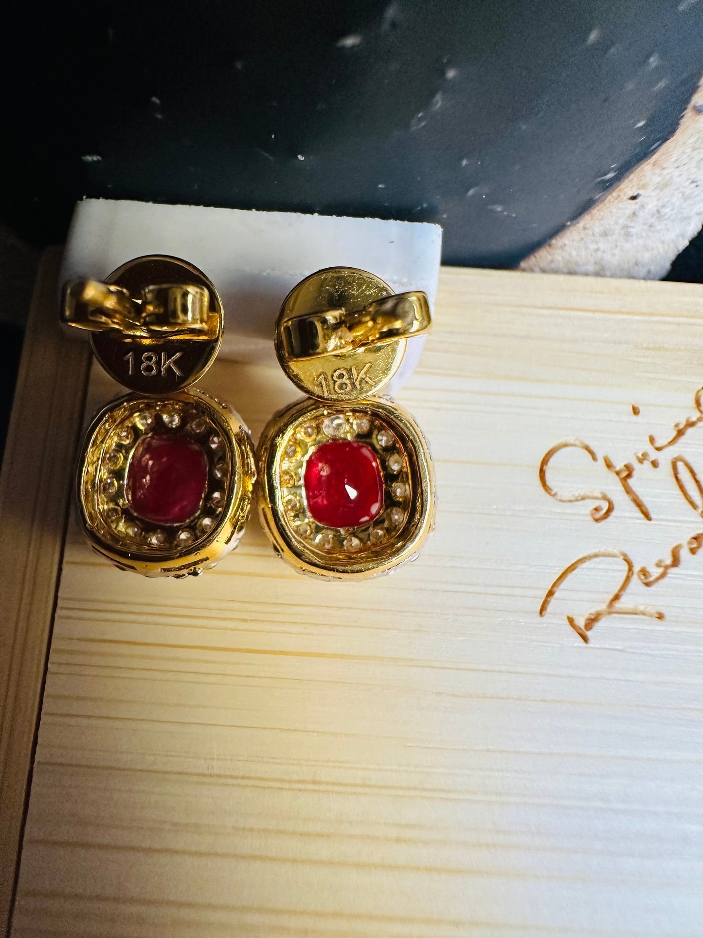 Two-step Burmese natural unheated ruby and natural diamond earrings in 18K solid gold