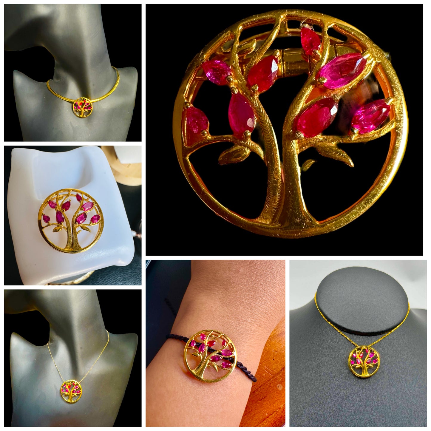 Modern Tree of Life Pendant with Natural Unheated Burmese Rubies on a Solid Gold Chain