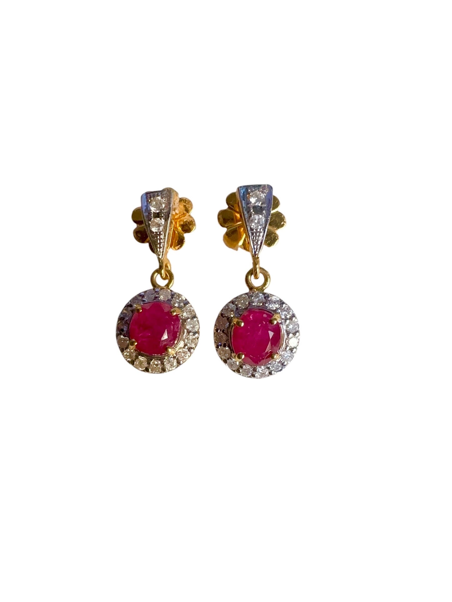 Teardrop style Natural unheated Burmese ruby (2CT) and natural diamond earrings in 20K solid gold