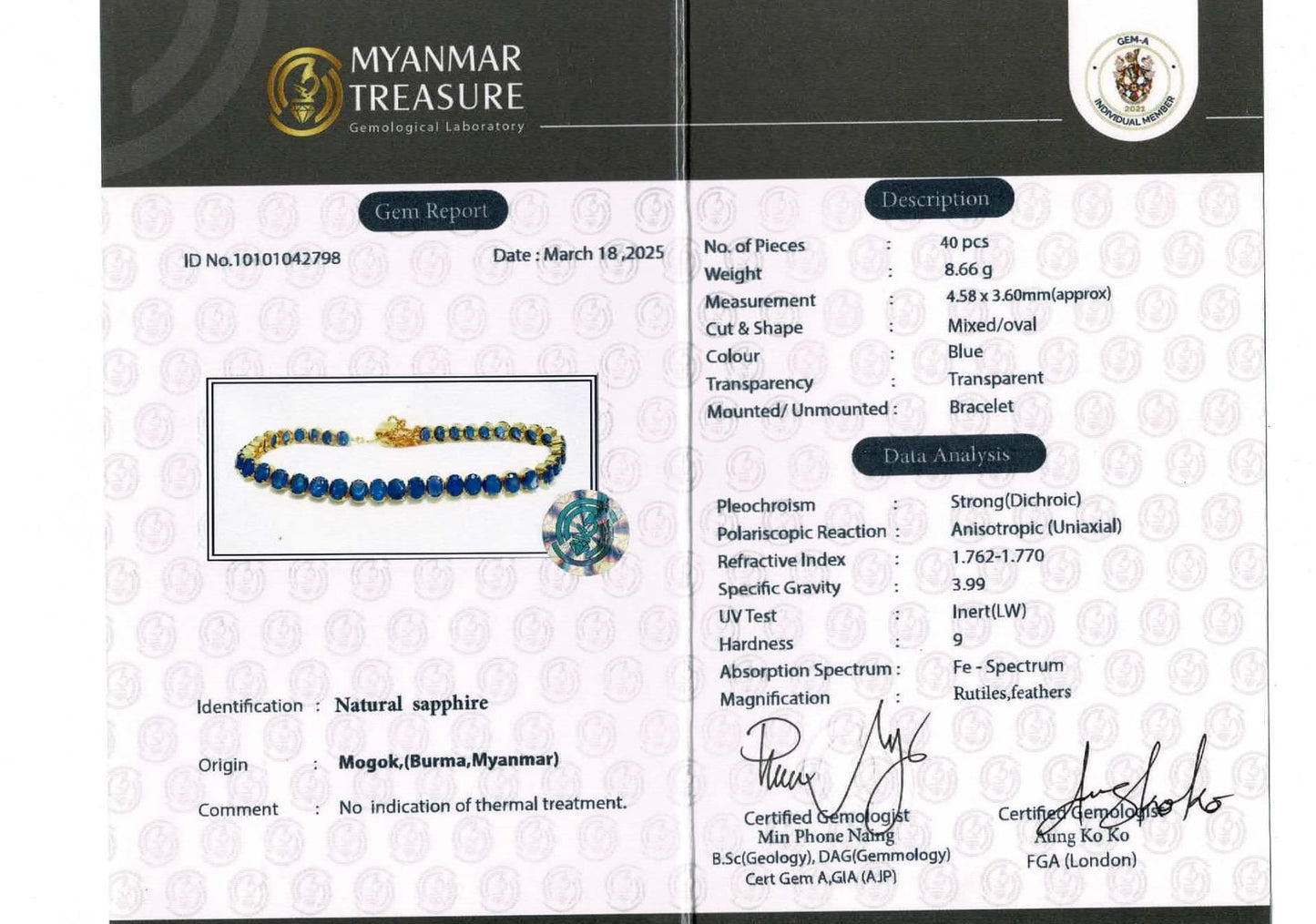Natural Unheated Burmese Sapphire (12CT) Bracelet in 18K Solid Gold