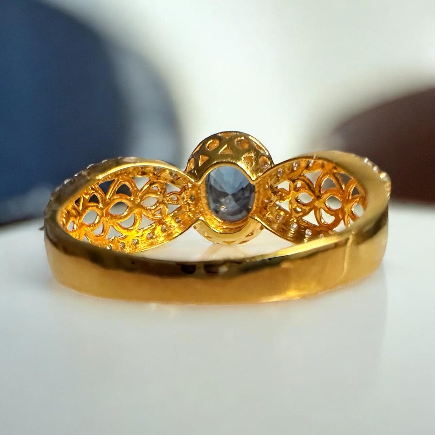 Natural Unheated Sapphire and Natural Diamond Ring in 20K Solid Gold
