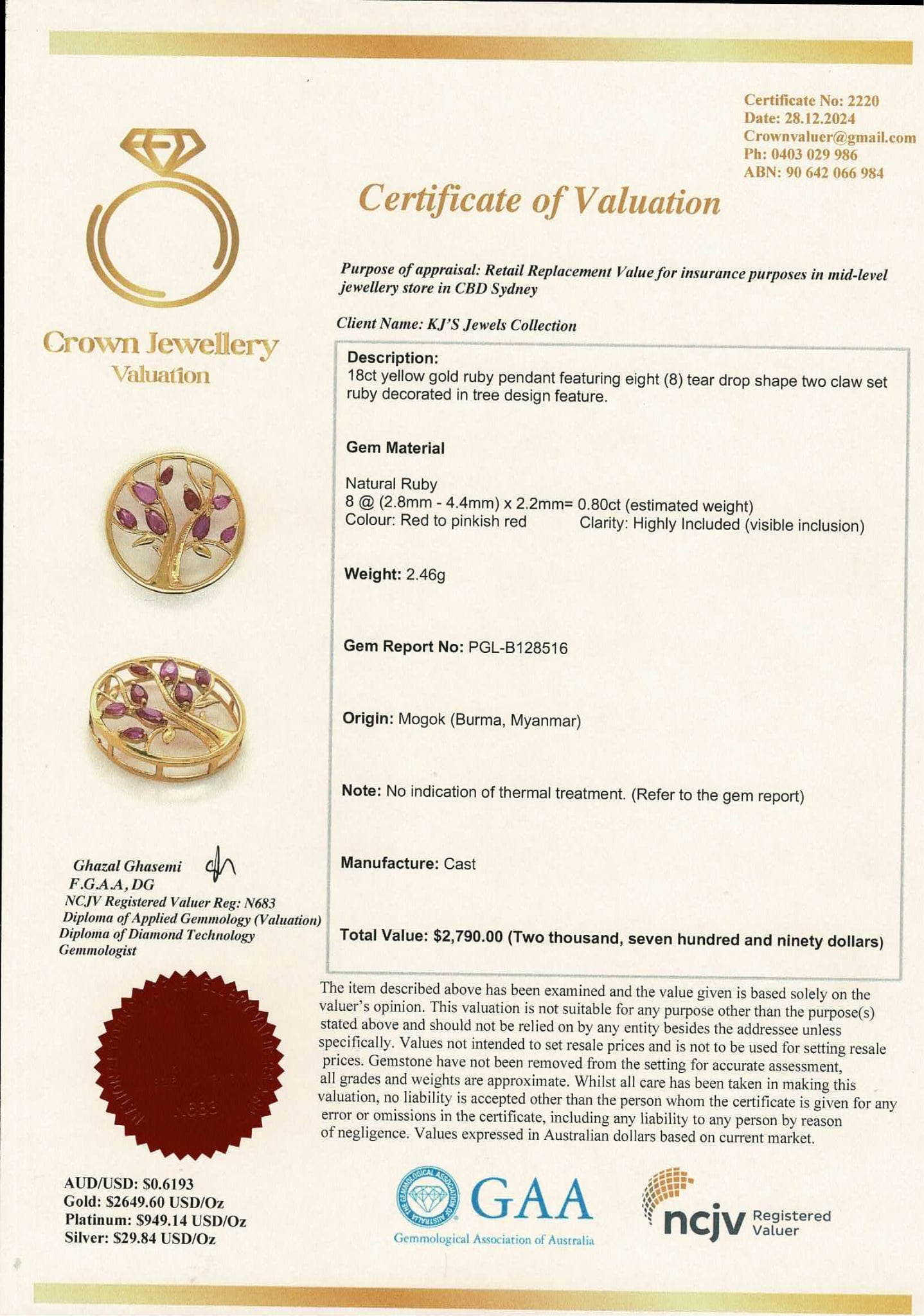 Modern Tree of Life Pendant with Natural Unheated Burmese Rubies on a Solid Gold Chain