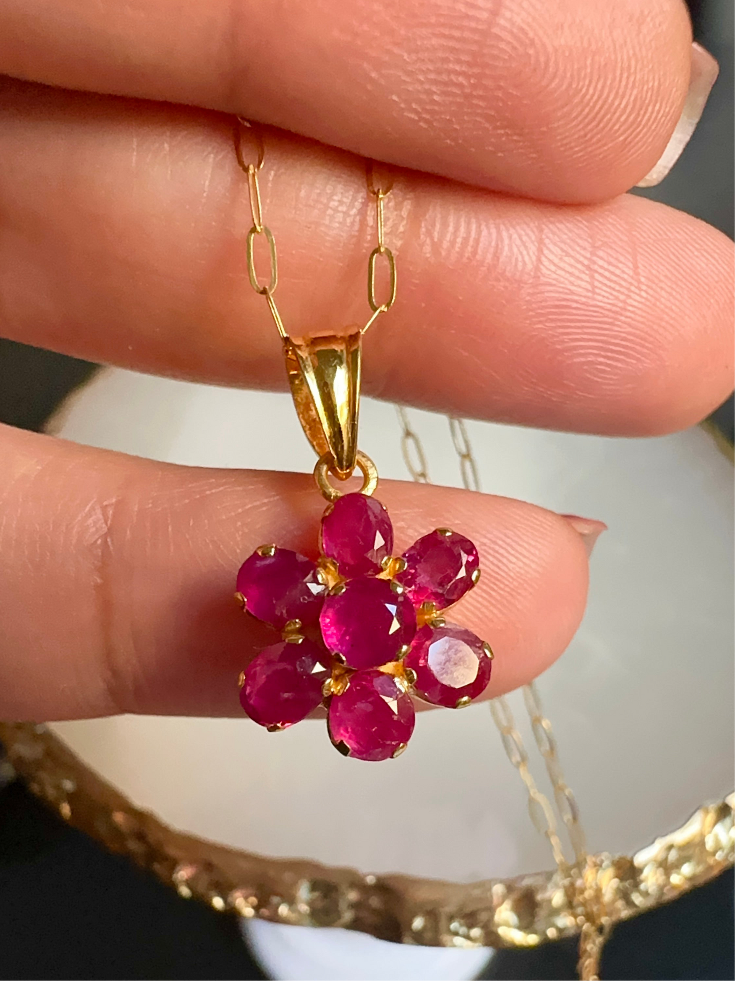 Flower Pendant with Natural Unheated Burmese Rubies in Solid Gold Chain.