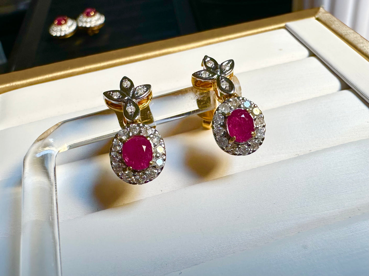 Natural unheated Burmese rubies (1.55CT) and natural diamond drop earrings in 20K solid gold