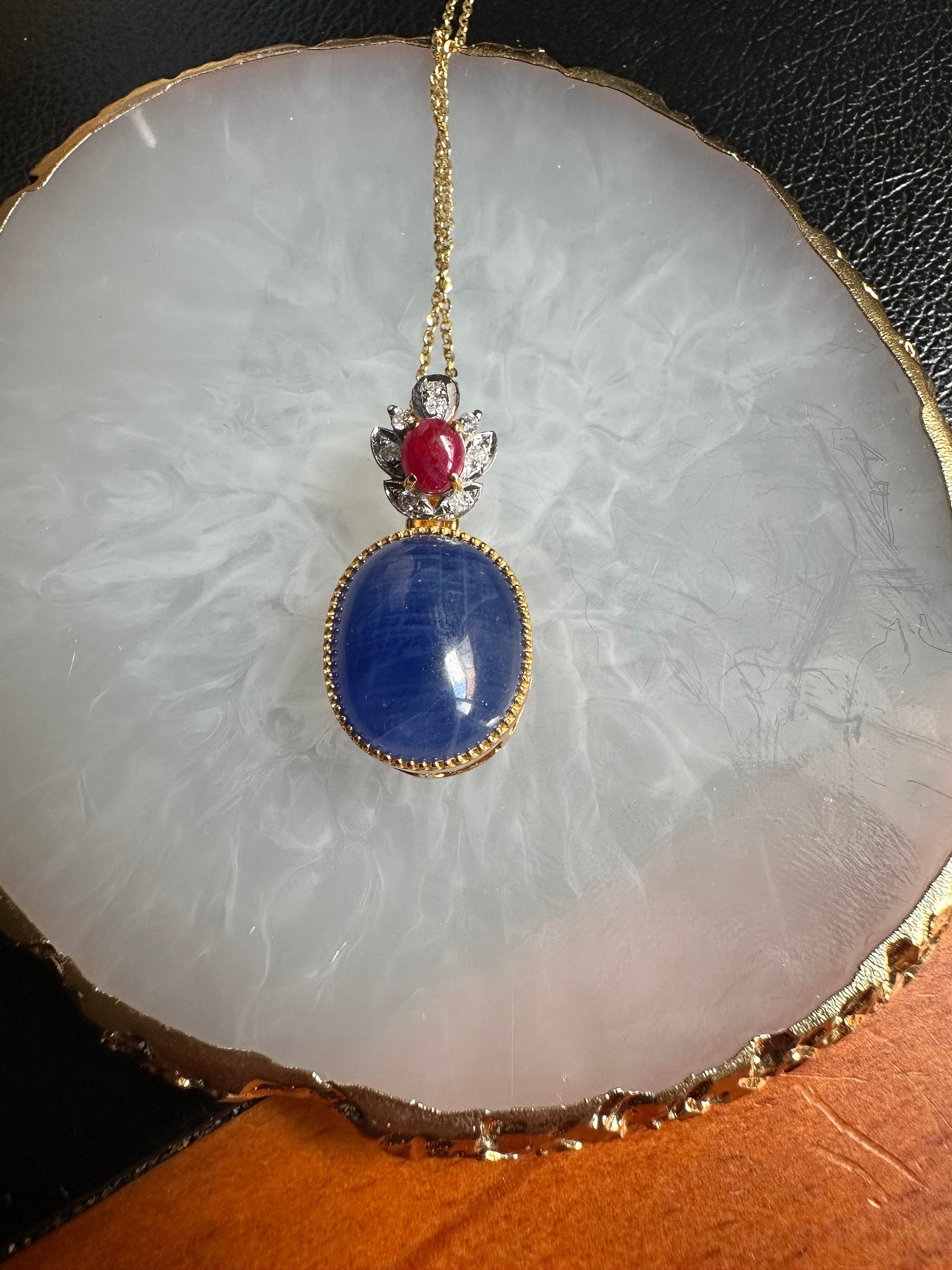 Natural Unheated Large Size Sapphire Cabochon (16CT) with natural Ruby and Natural Diamond Pendant in 20K gold