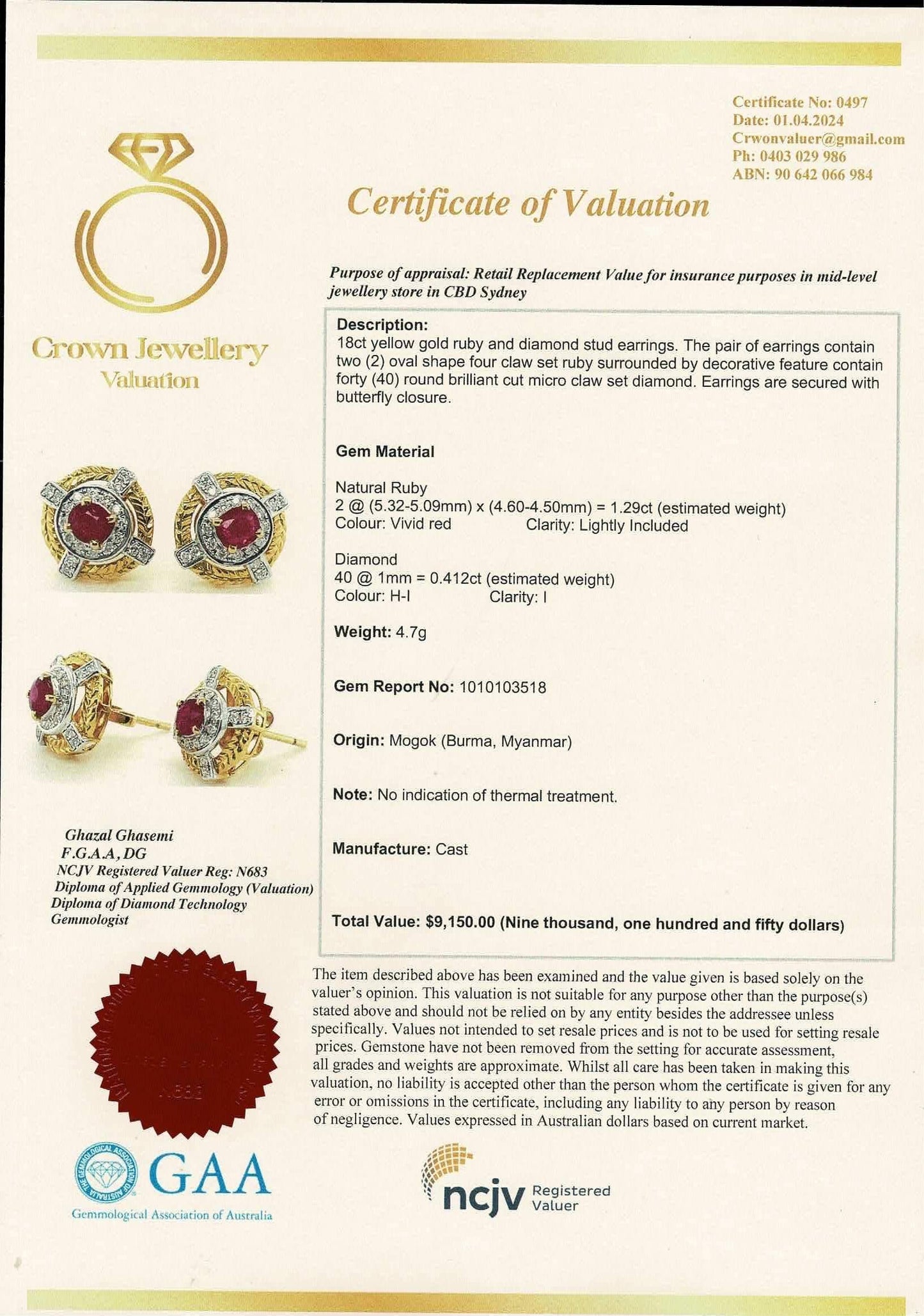 1.29CT Burma Unheated Ruby and Natural Diamonds Earring in 18K Solid Gold
