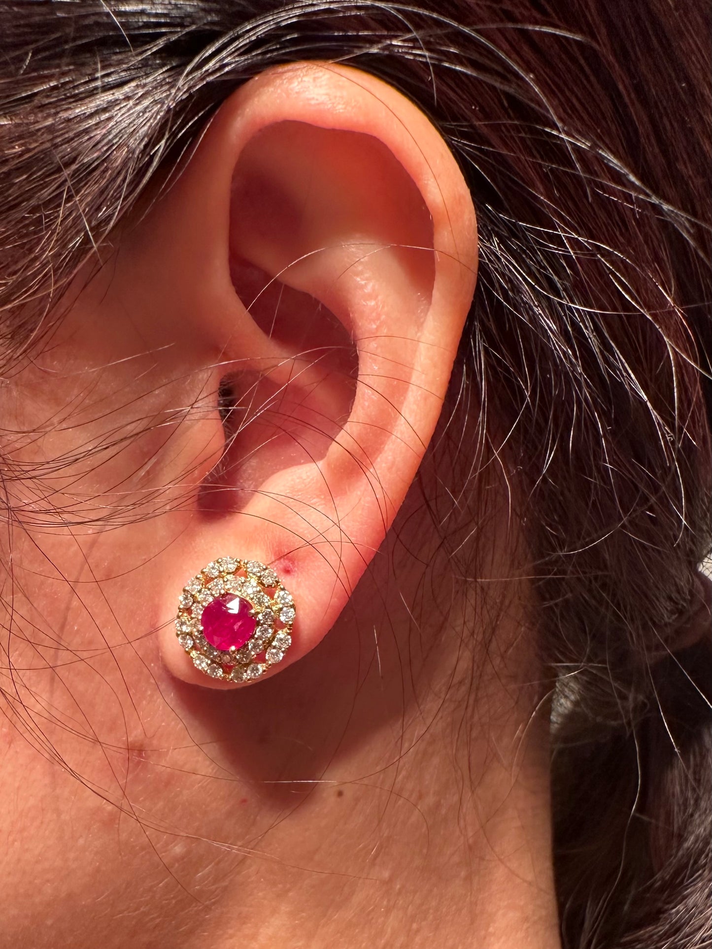 2 Full Carats of Natural Unheated Burmese Ruby & Diamond Halo Earring Set (Matching Pendant Available)