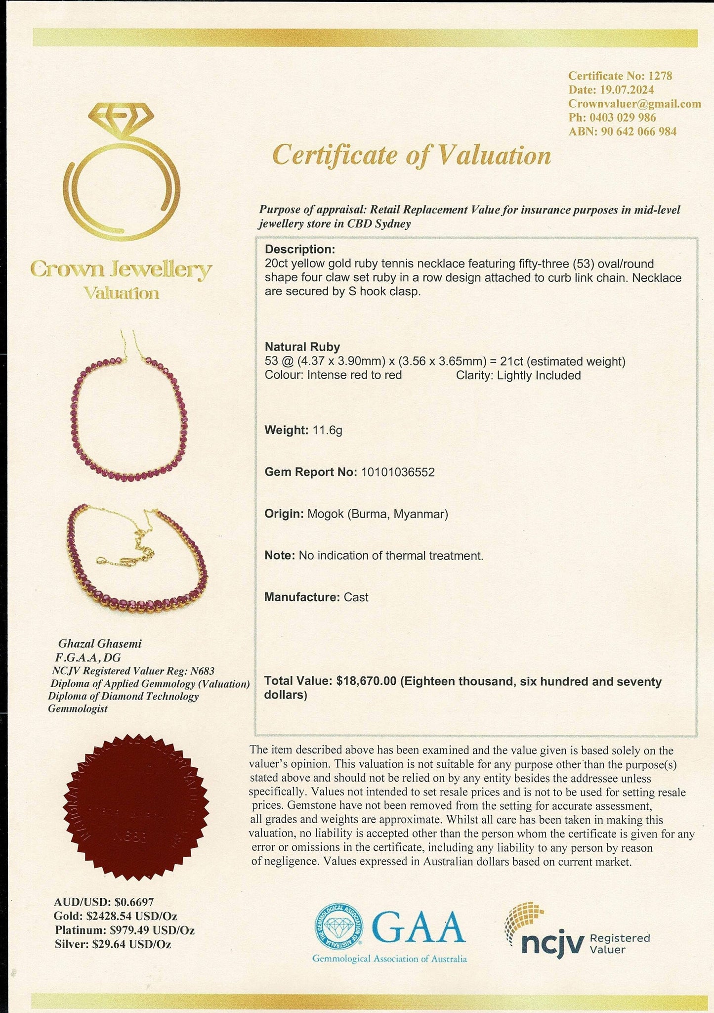 Total 21CT Natural Unheated Burma Ruby necklace/tennis necklace in 20K Gold