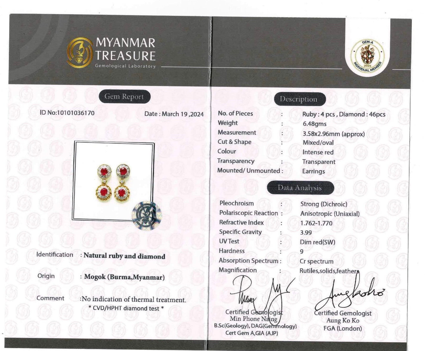 Four pieces Burmese natural unheated ruby and natural diamond earrings in 18K solid gold