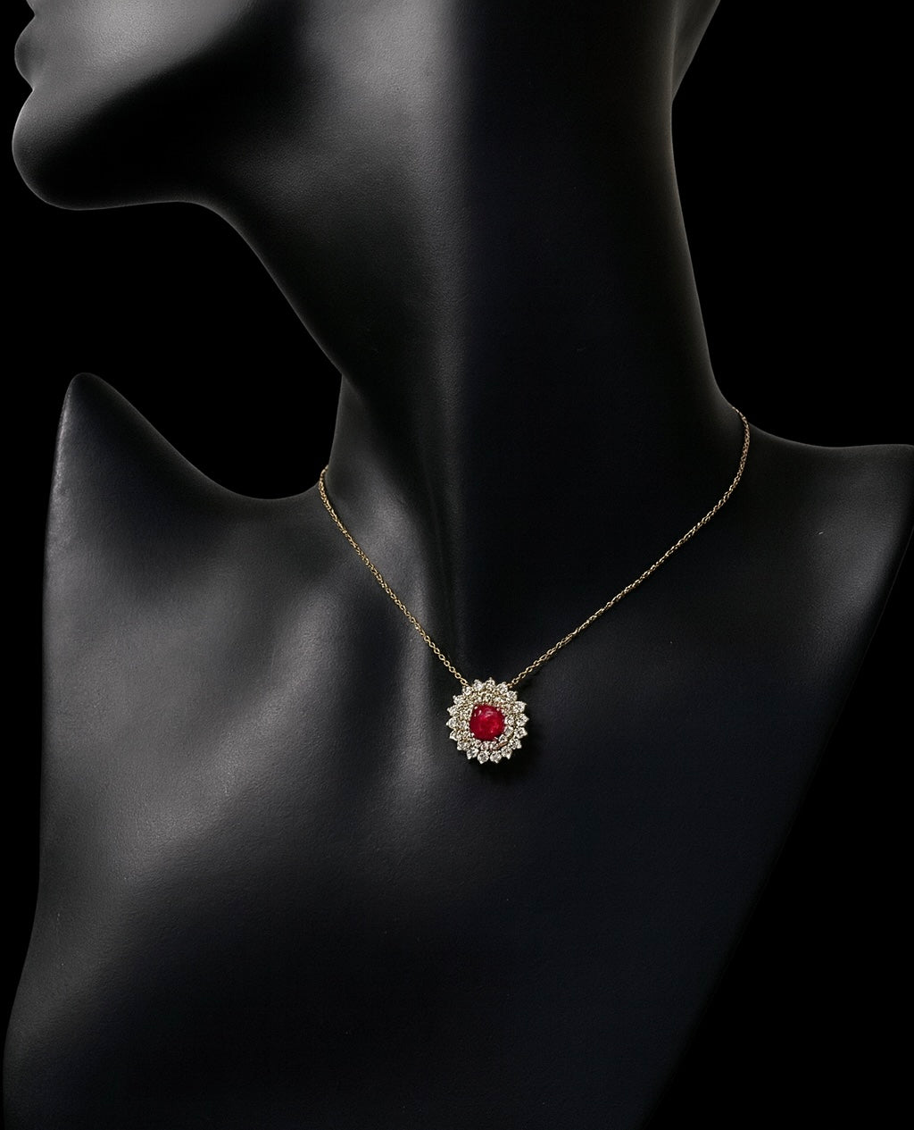Two Halo Brilliance: Natural Diamonds & Natural Unheated Burmese Ruby (1CT) Pendant with Solid Gold Chain