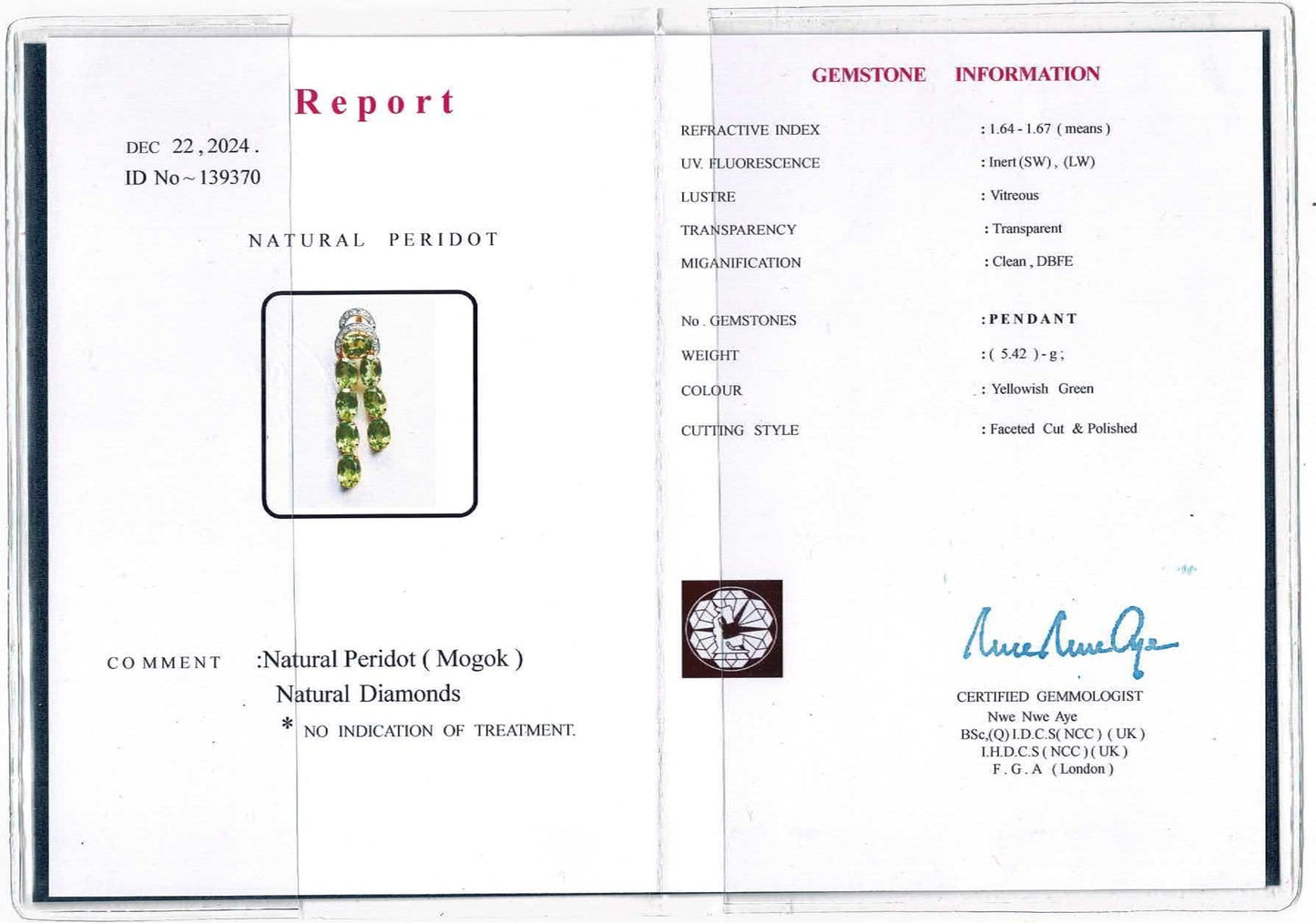 Natural Unheated Burmese Peridot (11 CT) and Natural Diamonds Pendant in 18K Solid Gold