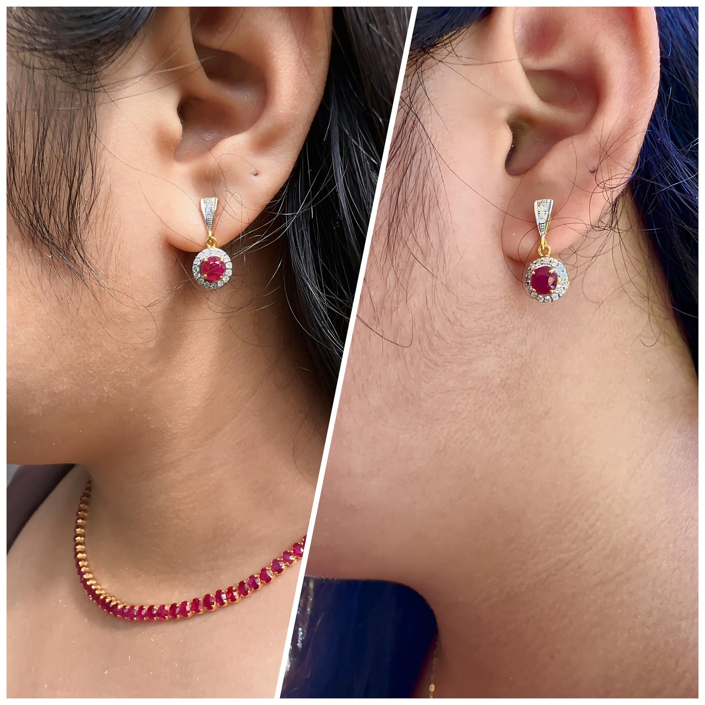 Teardrop style Natural unheated Burmese ruby (2CT) and natural diamond earrings in 20K solid gold