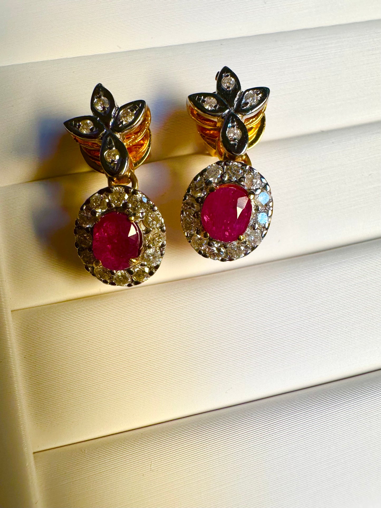 Natural unheated Burmese rubies (1.55CT) and natural diamond drop earrings in 20K solid gold