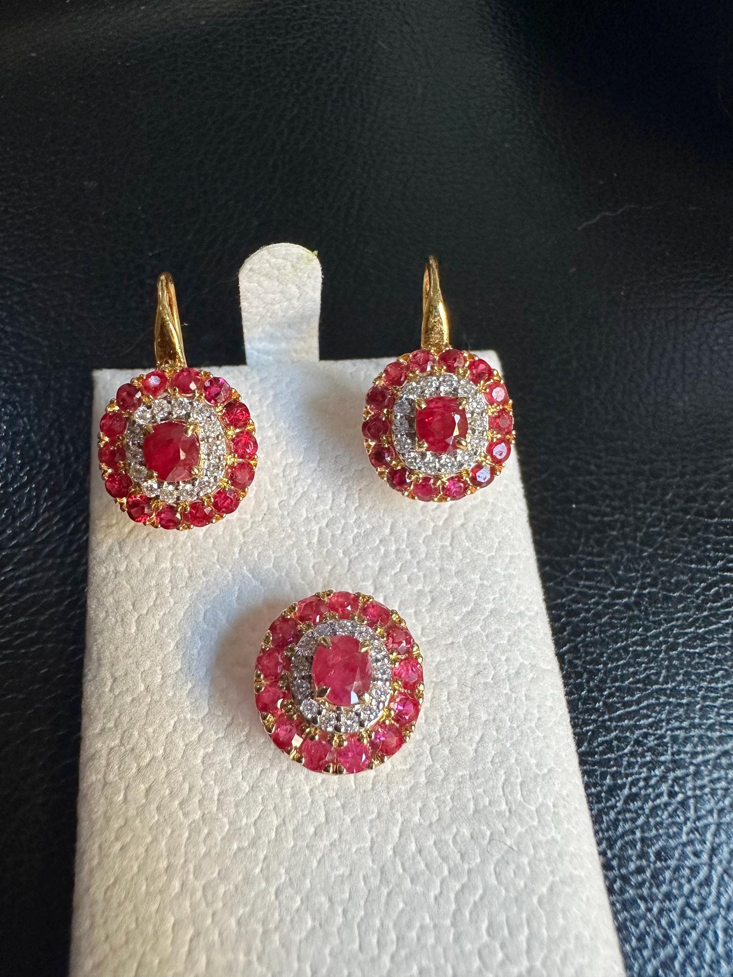 Stunning Earring & Pendant Set -Featuring Natural Unheated Burmese Ruby and Natural Diamond Earrings in 20K Solid Gold.