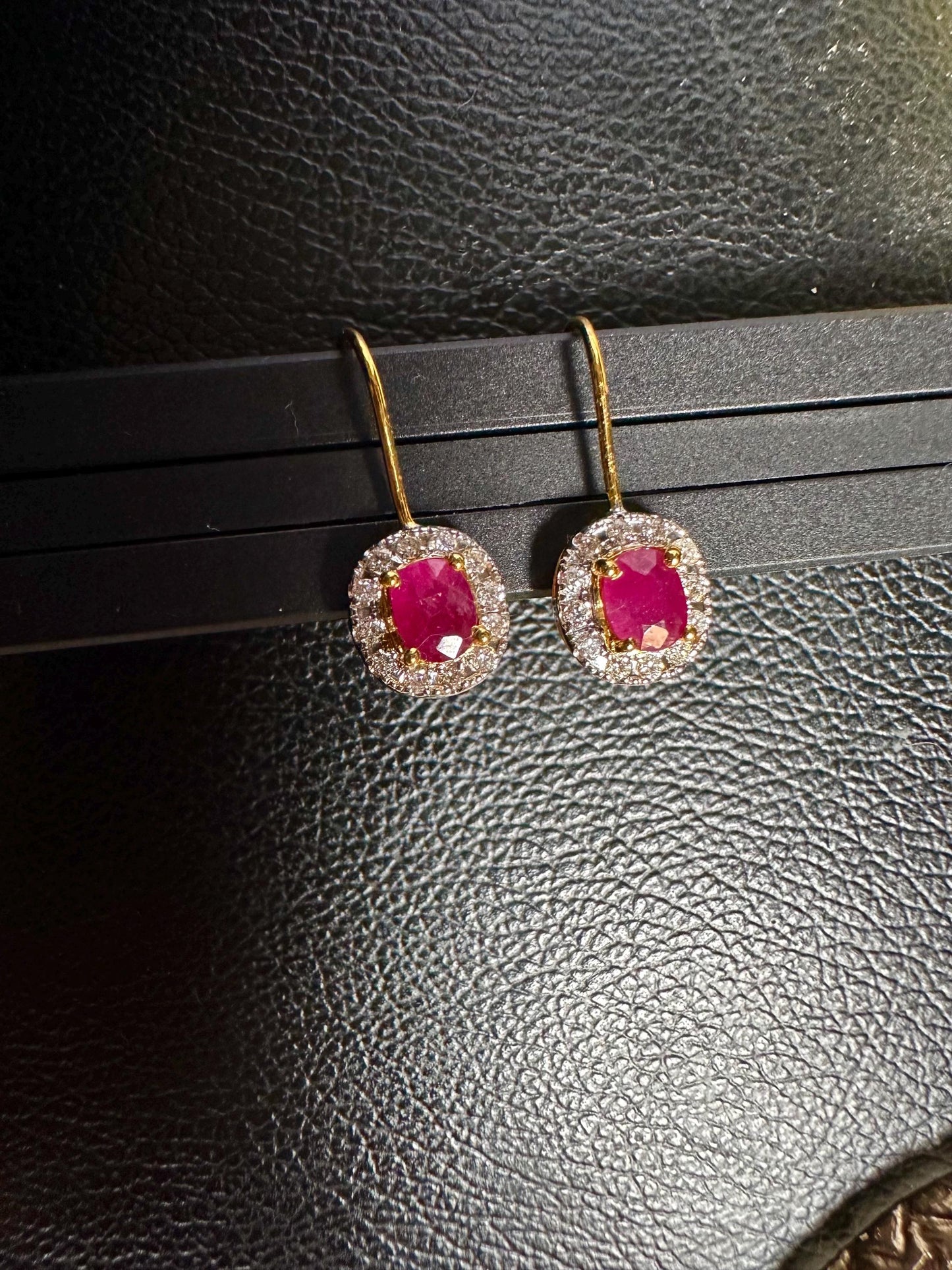 Natural unheated Burmese rubies (1.5CT) and natural diamond drop earrings in 20K solid gold