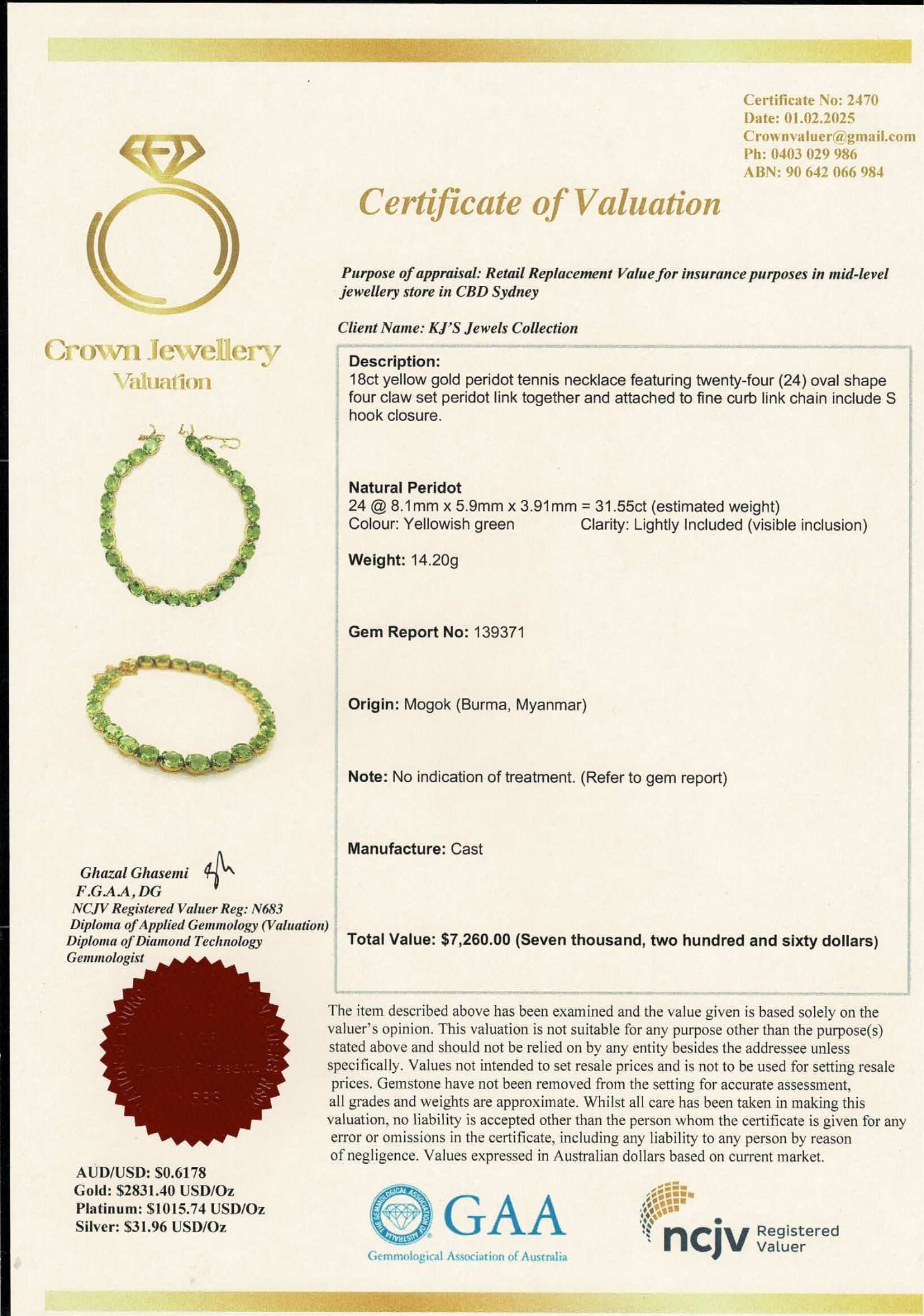 Natural Unheated Burmese Peridot (31.55 CT) Tennis Necklace in 18K Solid Gold