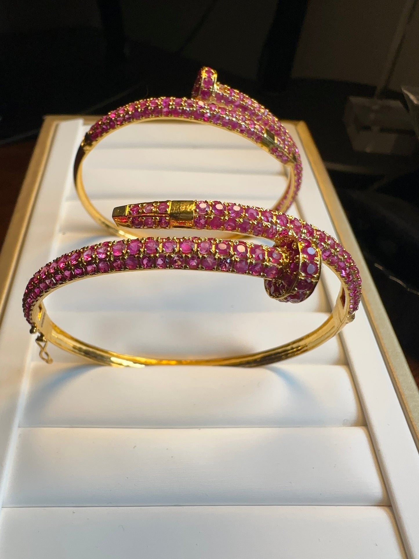Luxury Cartier-Inspired Nail Bangle – Natural Unheated Burmese Rubies in 18K Solid Gold