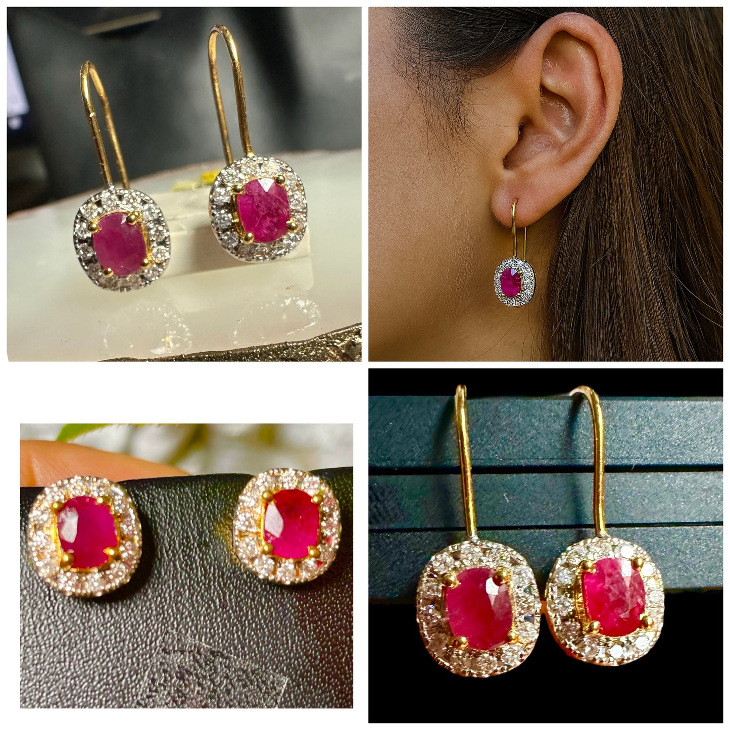 Natural unheated Burmese rubies (1.5CT) and natural diamond drop earrings in 20K solid gold