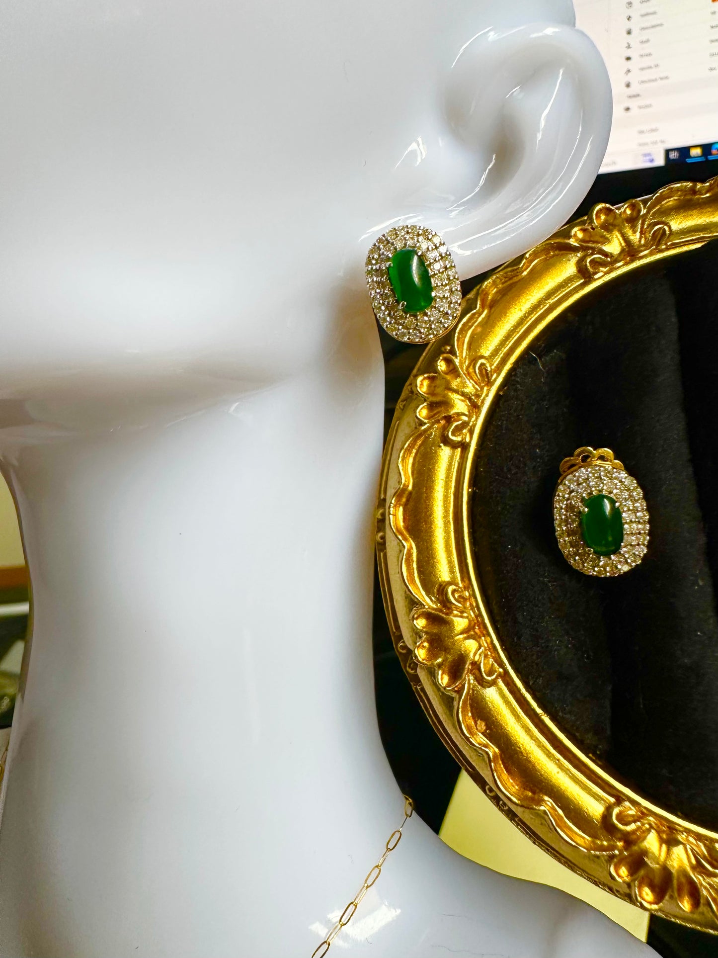 Burmese Jadeite Jade with Natural Diamonds Earrings in Solid Gold