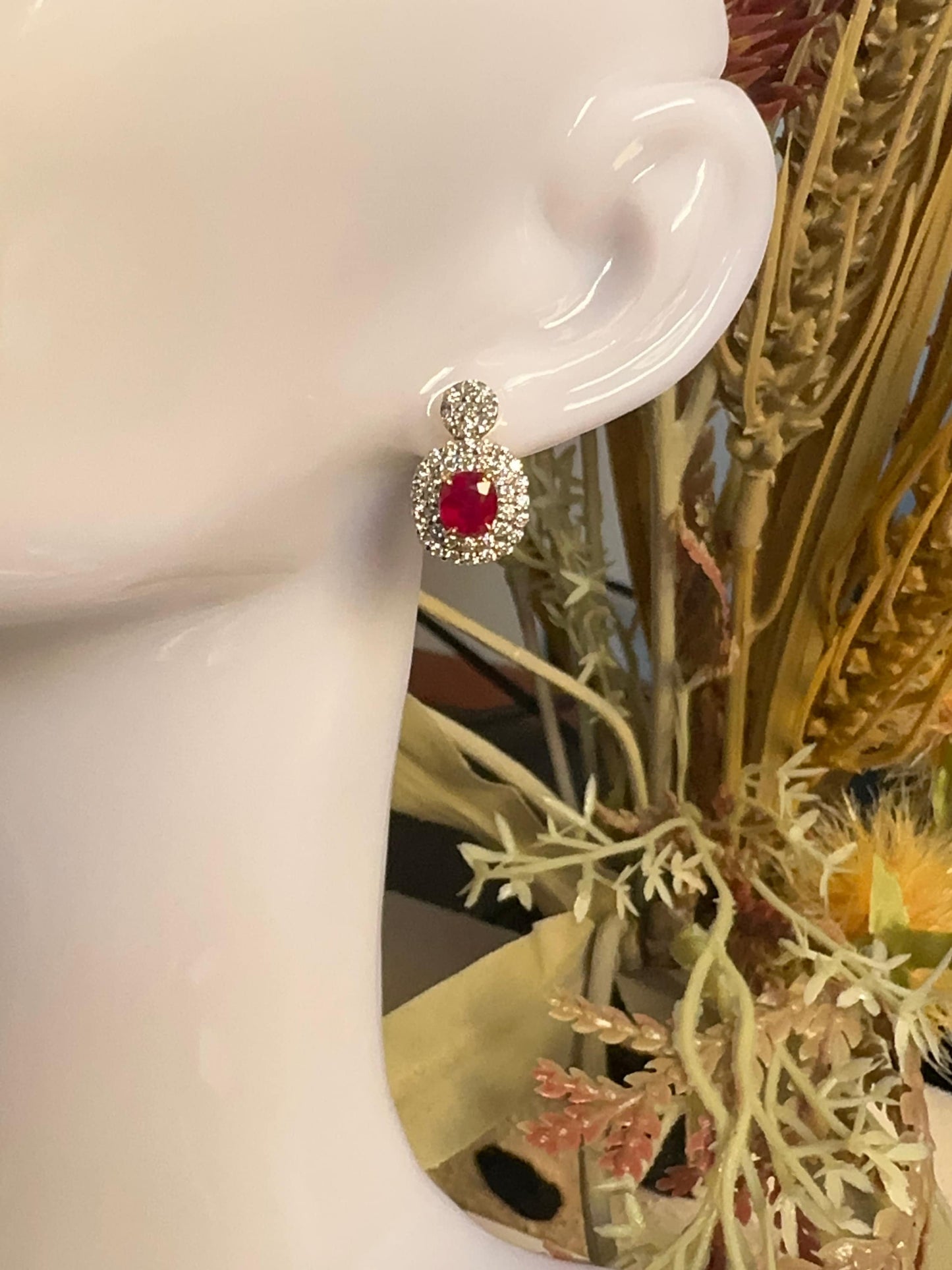 Two-step Burmese natural unheated ruby and natural diamond earrings in 18K solid gold