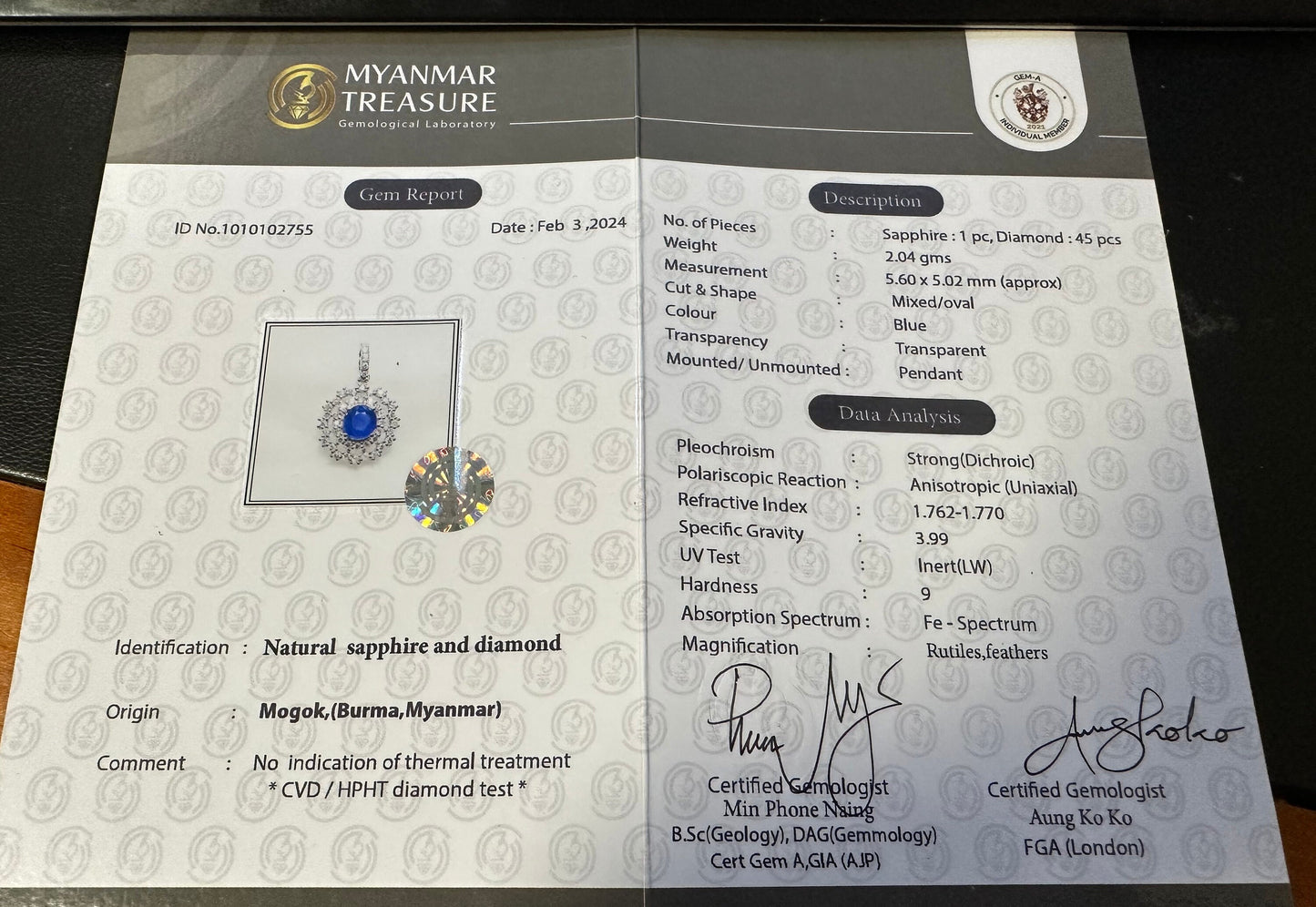 Natural Unheated Burmese Sapphire and natural Diamond Pendant