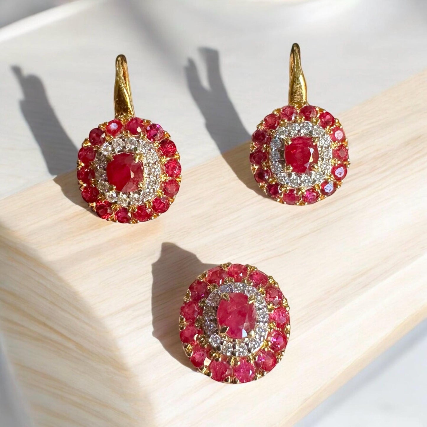 Stunning Earring & Pendant Set -Featuring Natural Unheated Burmese Ruby and Natural Diamond Earrings in 20K Solid Gold.