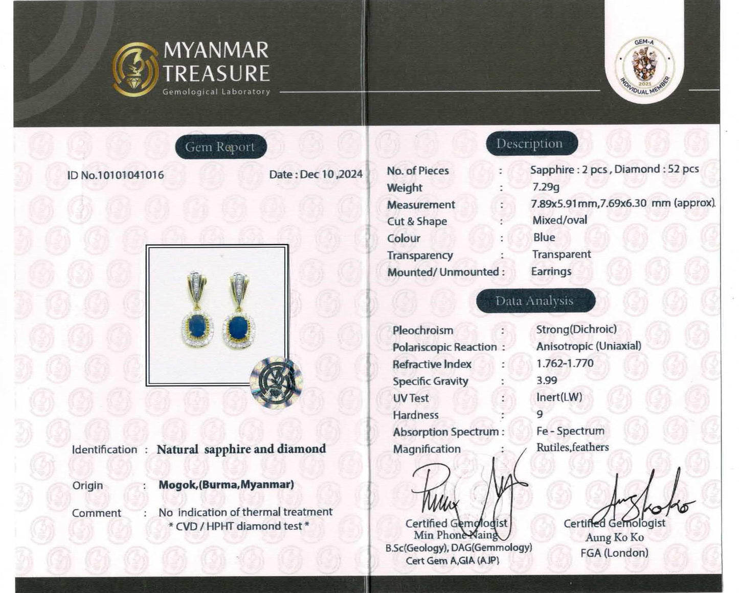 Total 2.5 CT Natural Unheated Sapphires & Diamond Earring with 18K Solid Gold