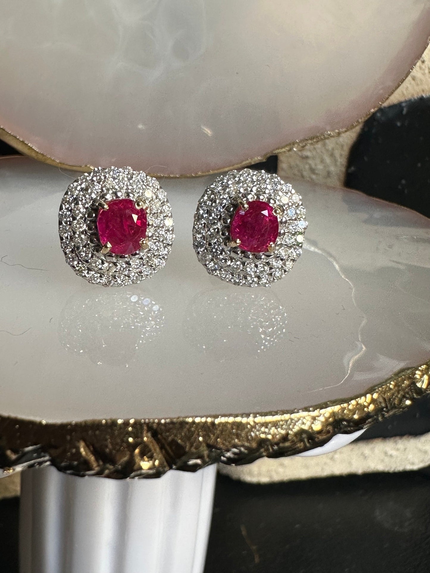 Total 2.13 CT Burmese Natural Unheated Ruby and Natural Diamonds Earrings in 18K Solid Gold