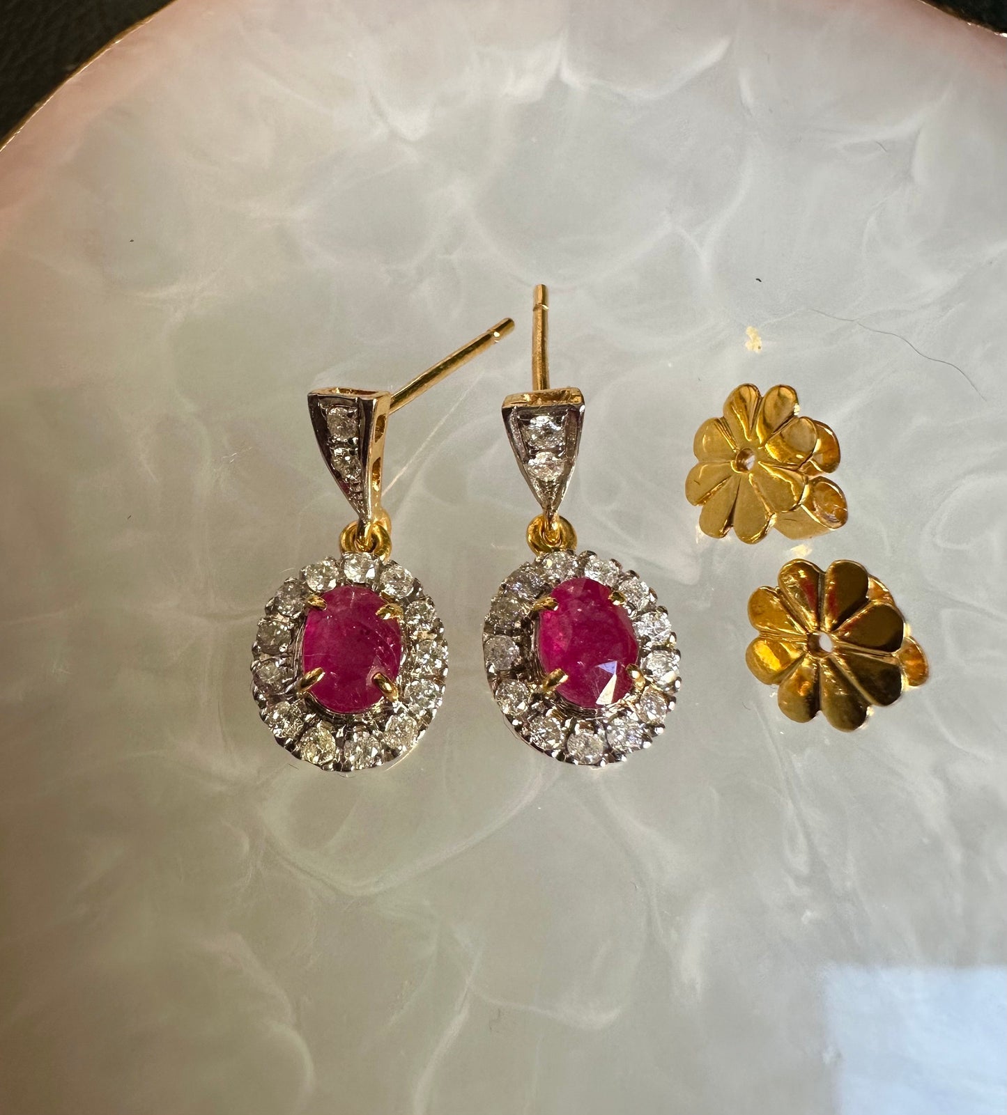 Teardrop style Natural unheated Burmese ruby and natural diamond earrings in 20K solid gold