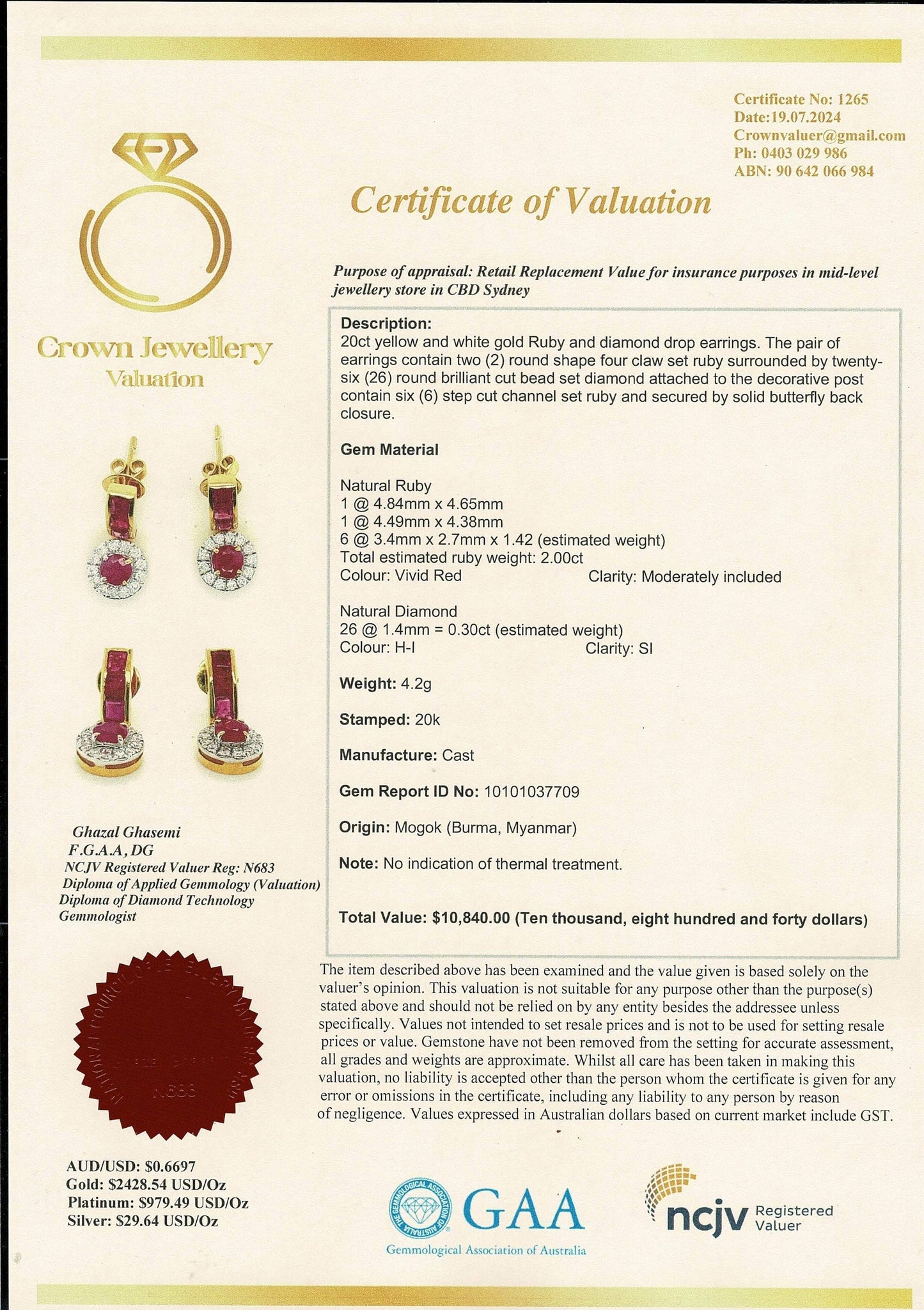 Dangle Drop Earrings with Total 2CT Natural Unheated Burmese Ruby and Diamonds in 20K Gold