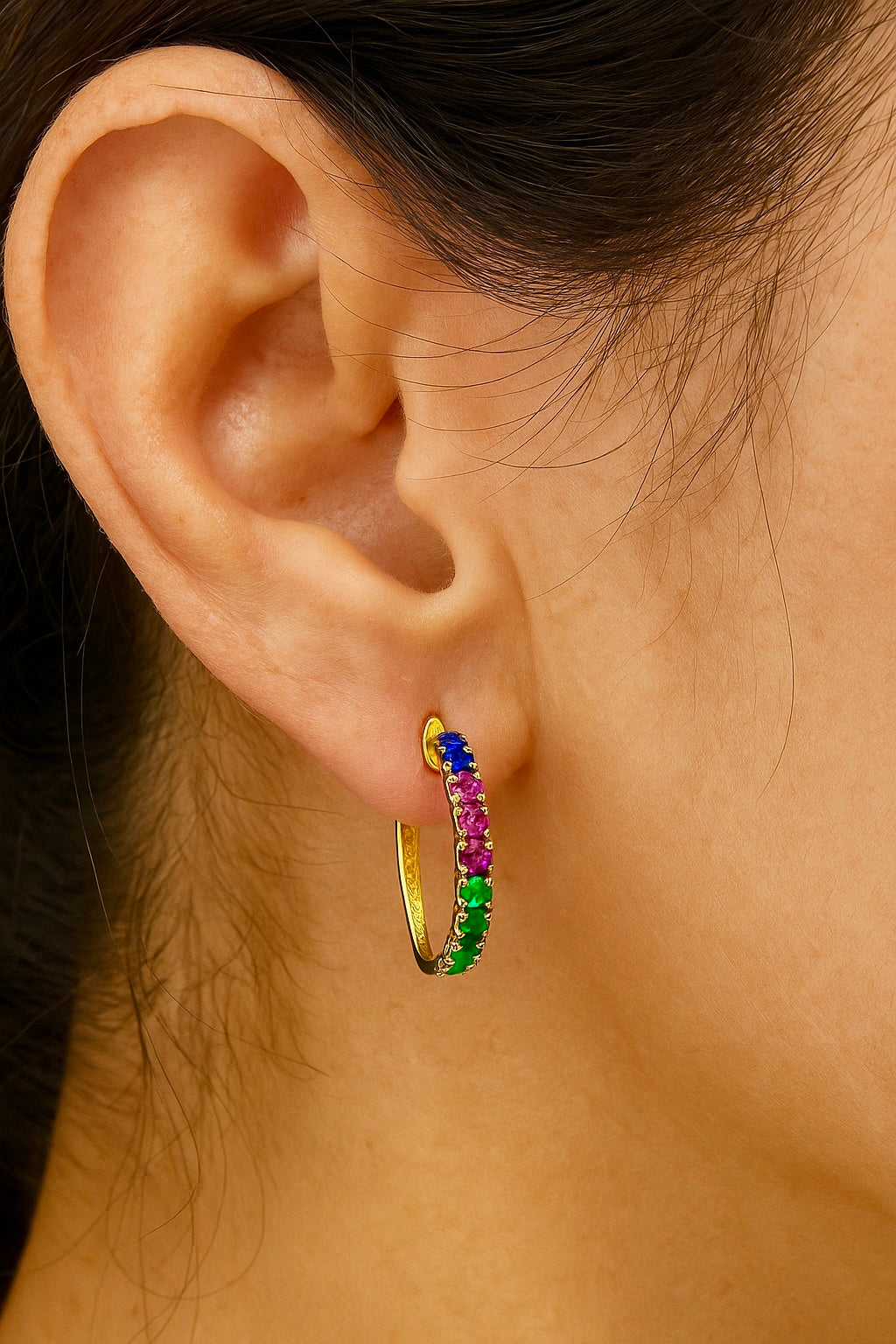 Trio of Royalty â Natural Sapphire, Ruby & Emerald Hoop Earrings in 20K solid gold.