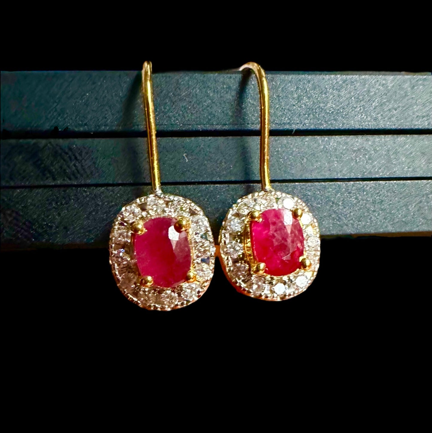 Natural unheated Burmese rubies (1.5CT) and natural diamond drop earrings in 20K solid gold