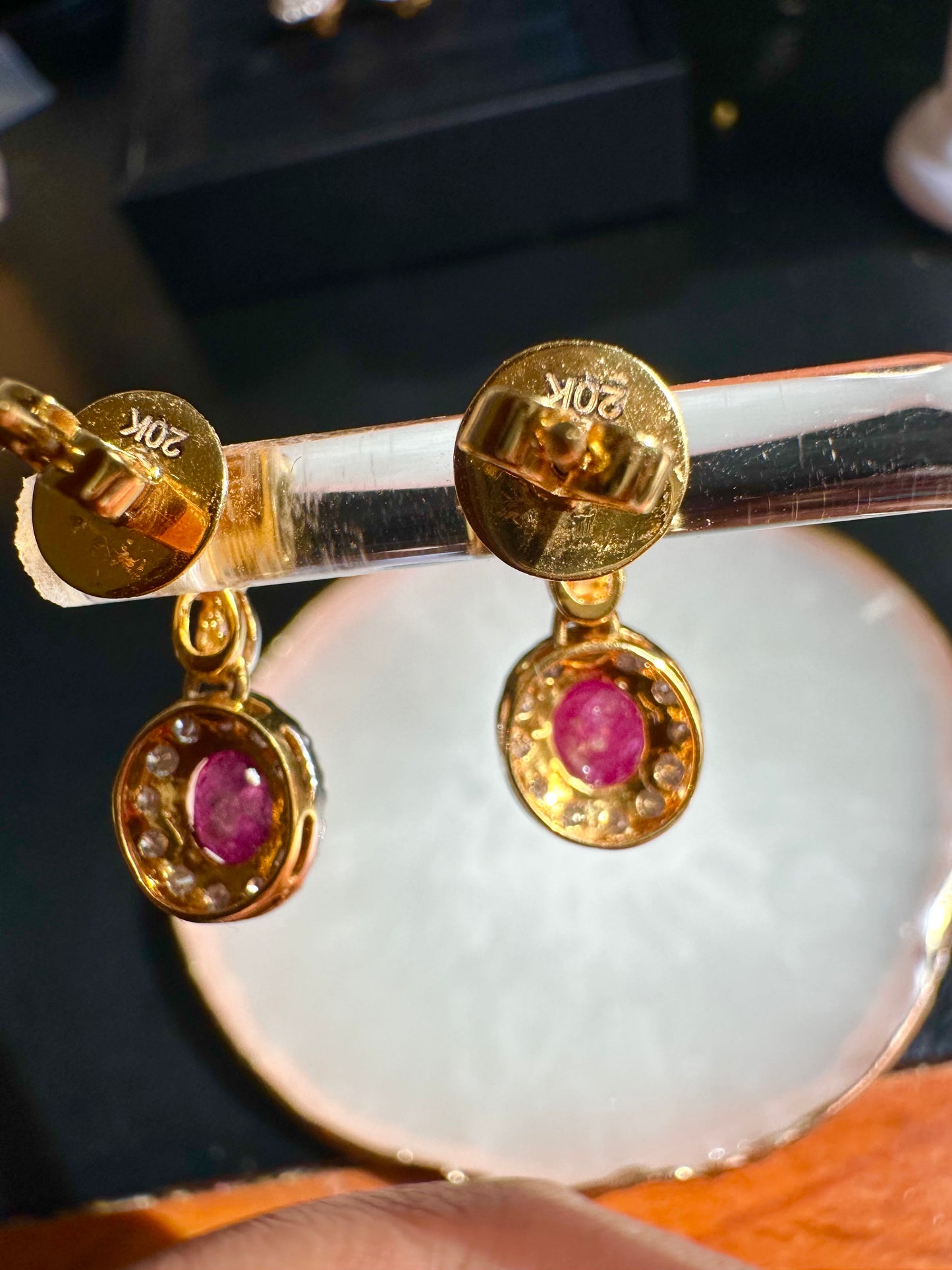 Natural unheated Burmese rubies (1.55CT) and natural diamond drop earrings in 20K solid gold