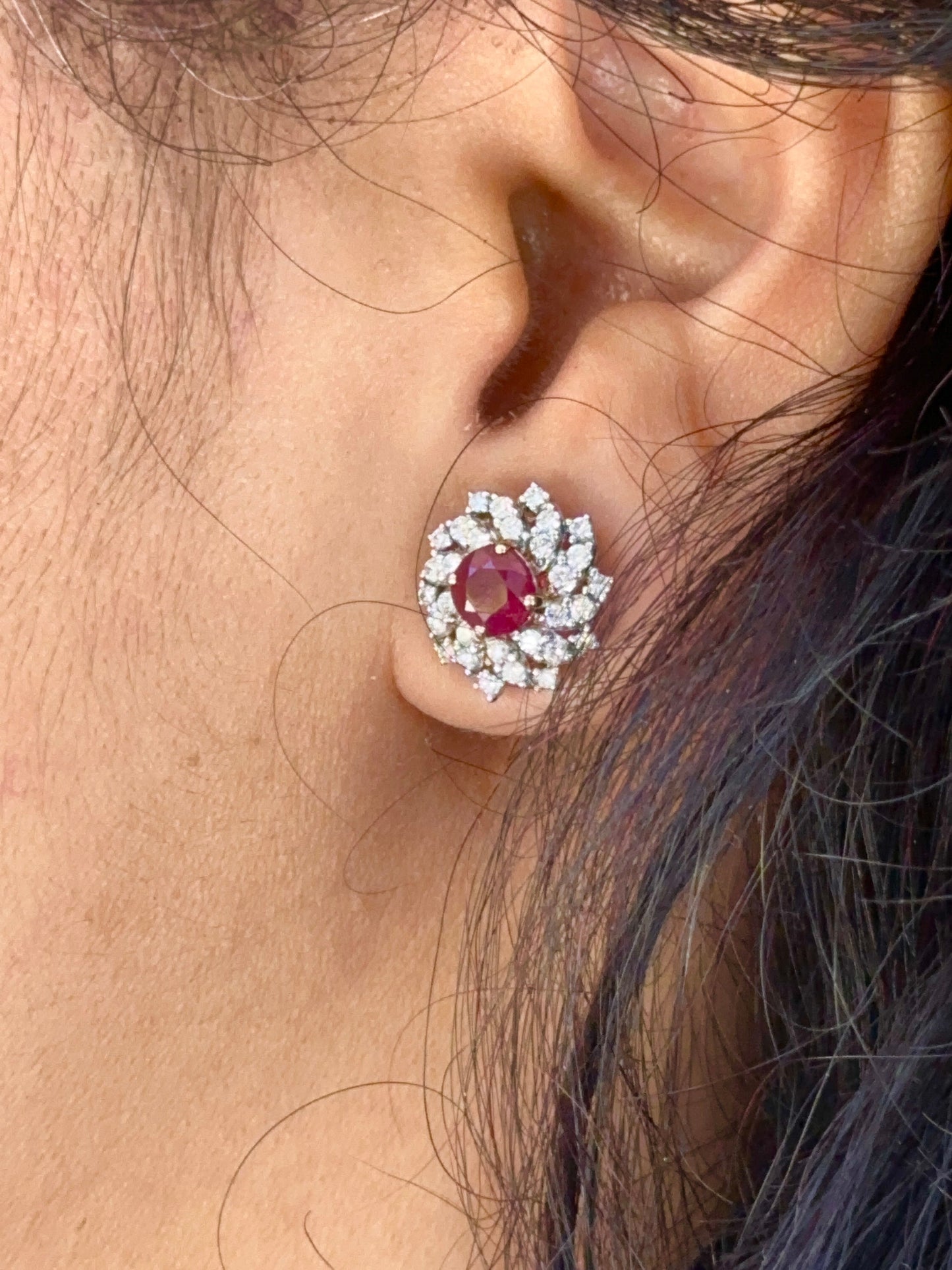 2.01CT Burmese Natural Unheated Ruby and Natural Diamonds Earrings in 18K Solid White Gold