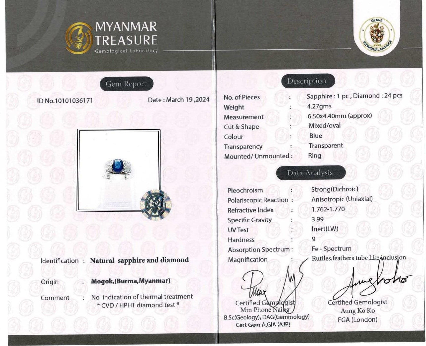 Unisex Natural Unheated Sapphire and Natural Diamond Ring in 18K Solid Gold