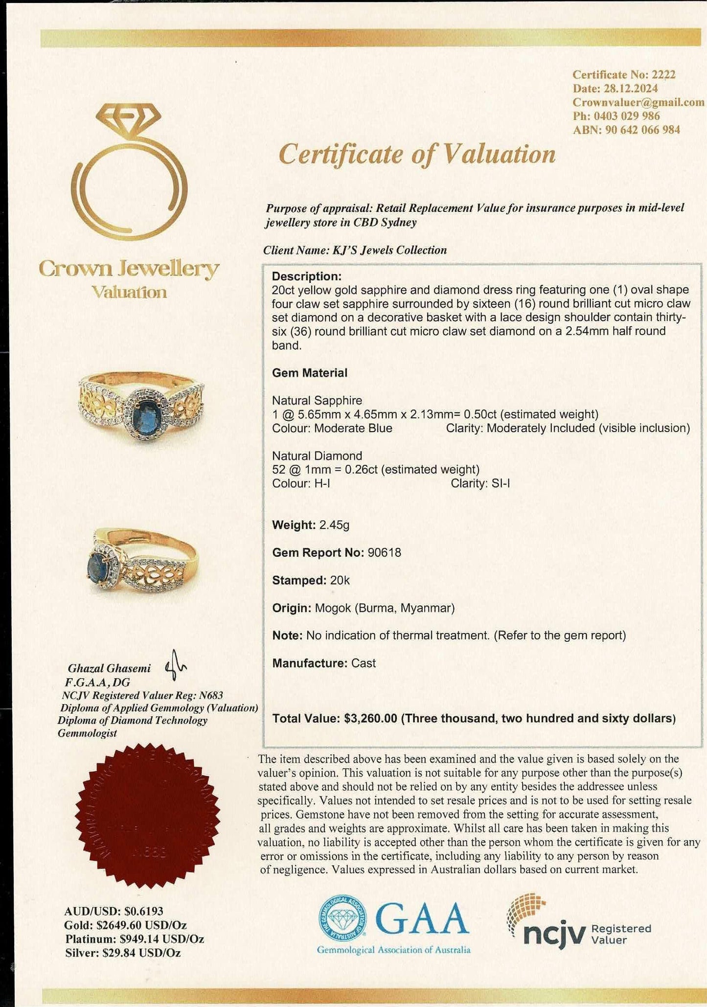 Natural Unheated Sapphire and Natural Diamond Ring in 20K Solid Gold