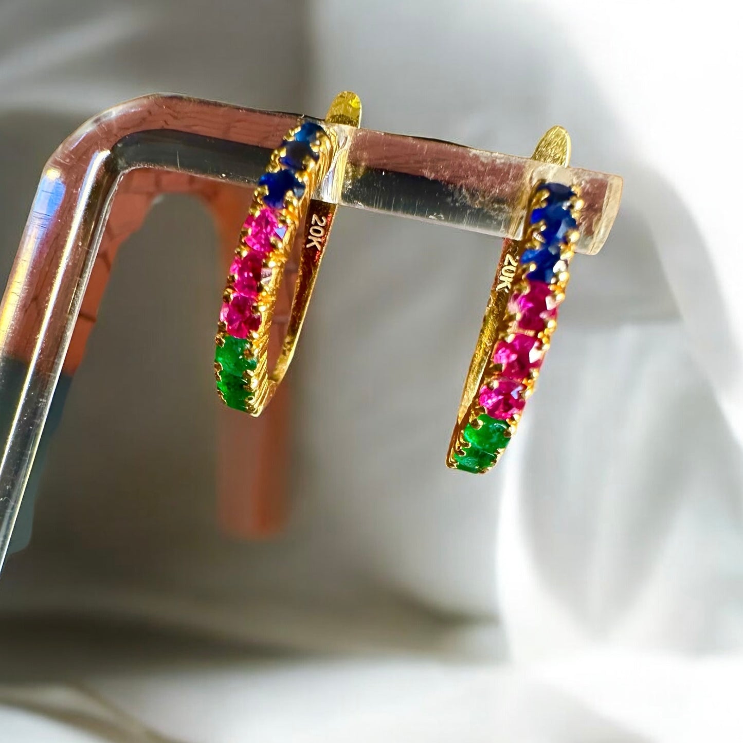 Trio of Royalty â Natural Sapphire, Ruby & Emerald Hoop Earrings in 20K solid gold.