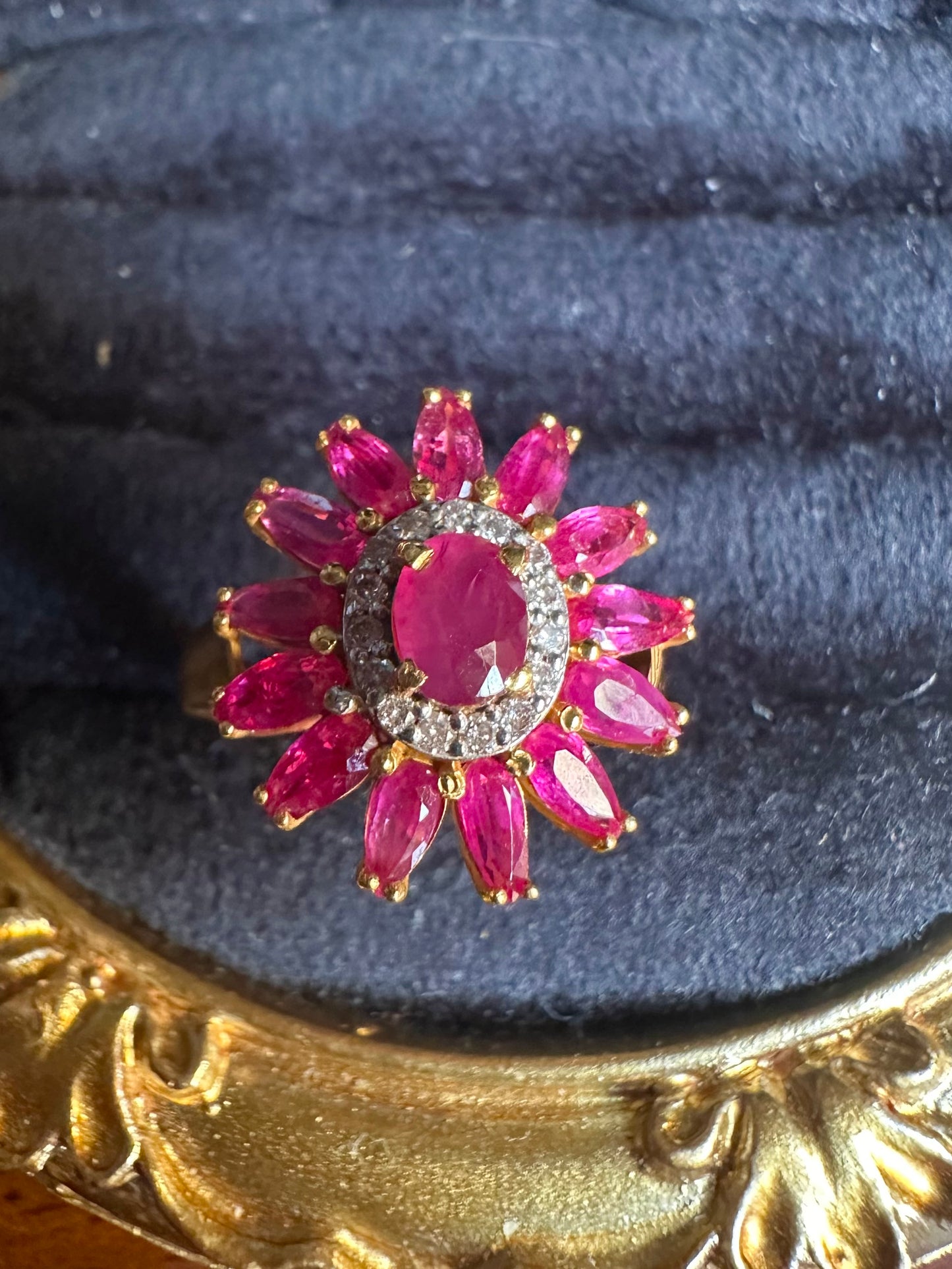 Vintage Sunflower Design Burmese Natural Unheated Ruby (2.65CT) and Diamonds Ring in 20K Solid Gold