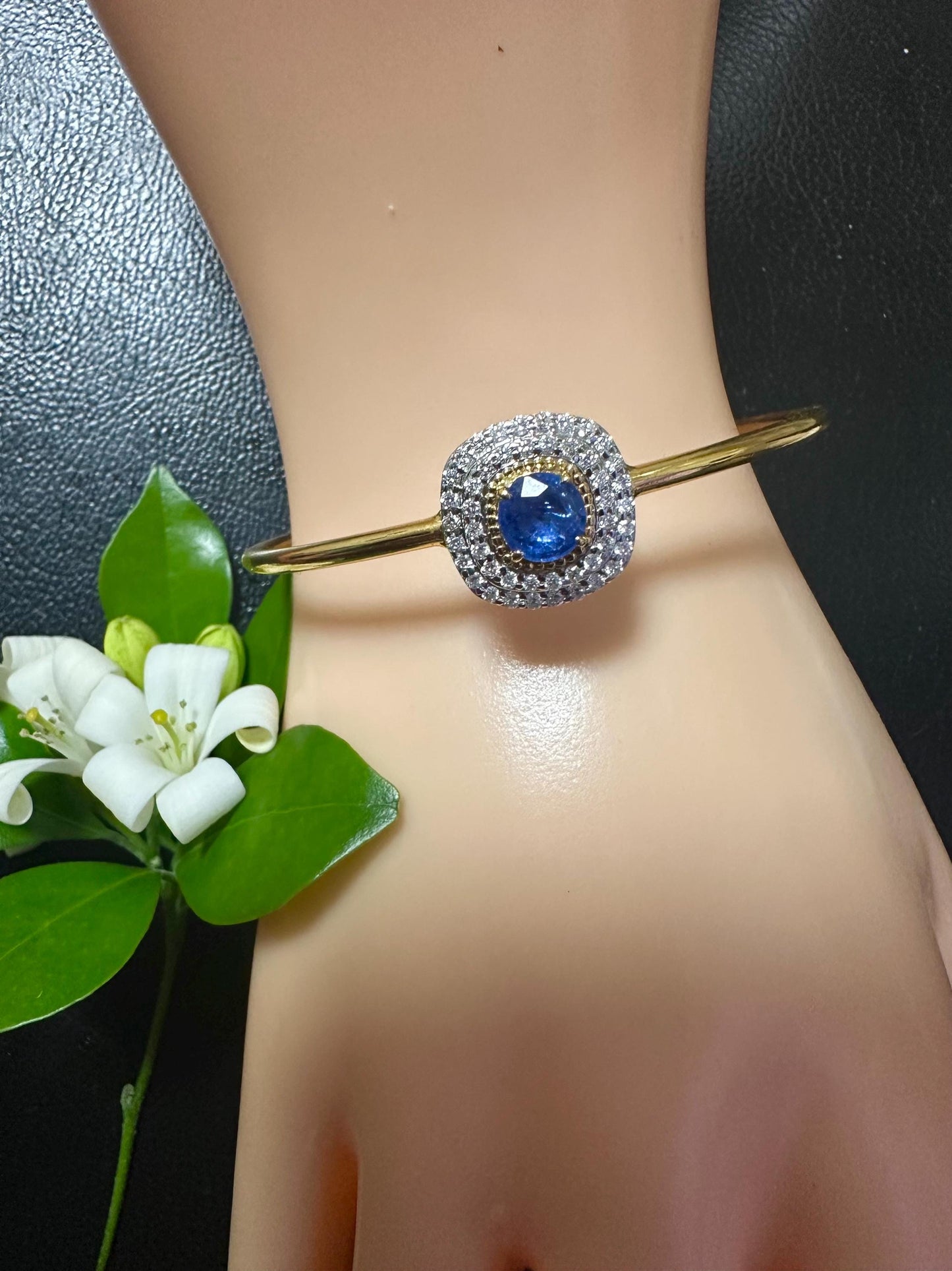 Natural Unheated Burmese Sapphire and Natural Diamonds Bangle in 18K Solid Gold