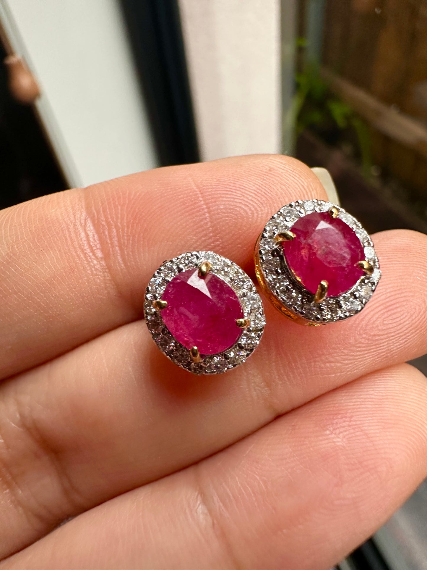 Natural unheated Burmese rubies (2.4CT) and natural diamond drop earrings in 20K solid gold