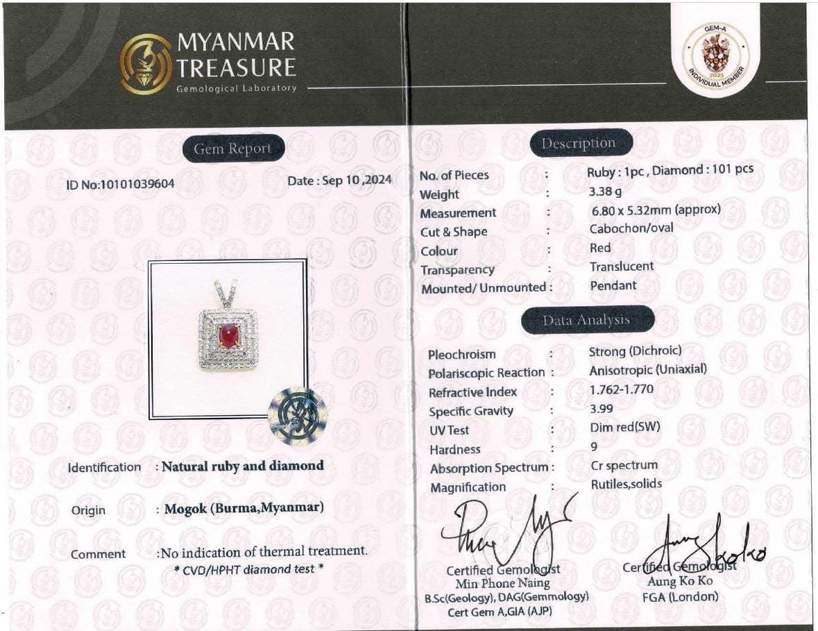 Natural Unheated Cabochon Burma Ruby (1.5CT) and Natural Diamonds in 20K Solid Gold Pendant