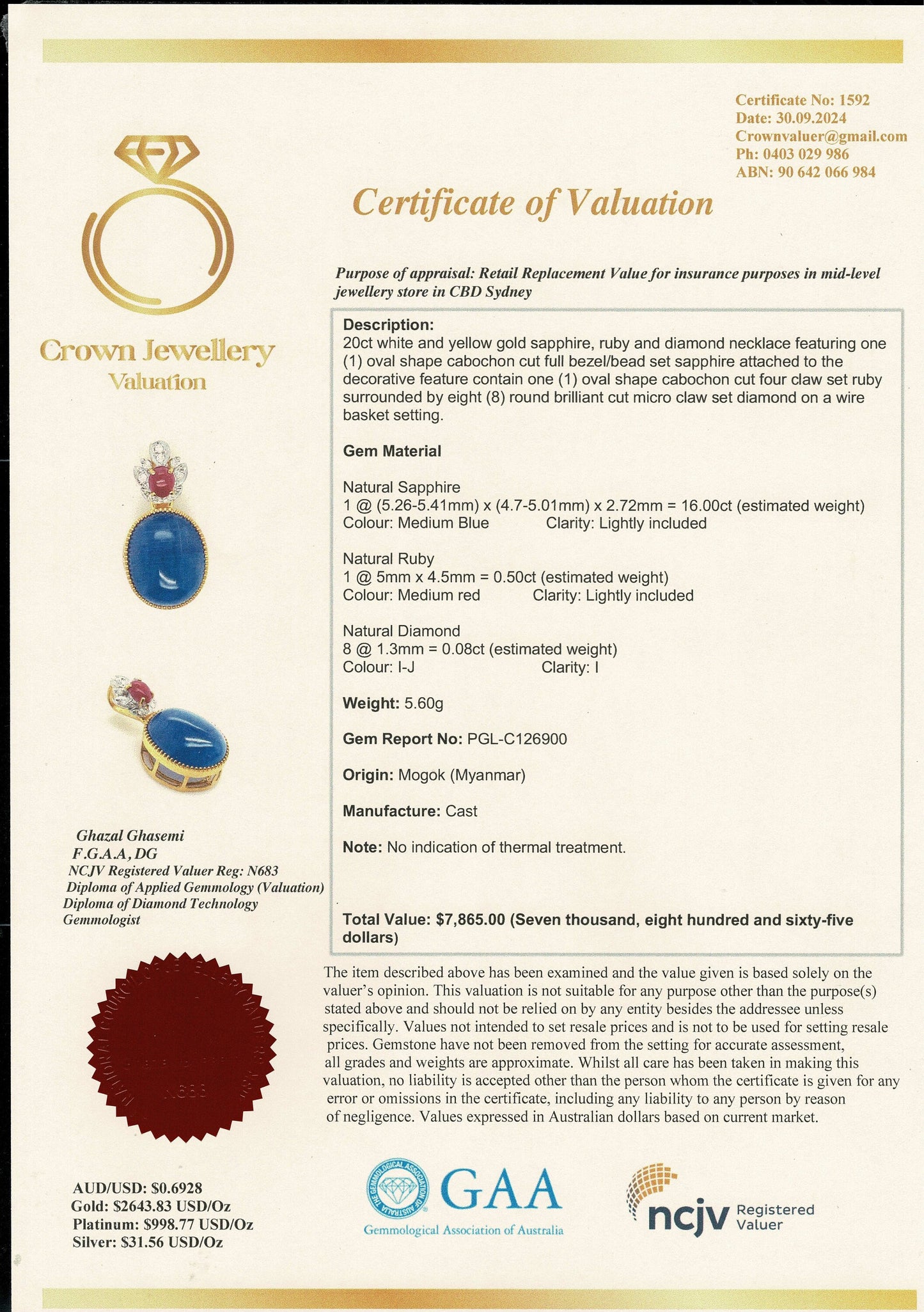 Natural Unheated Large Size Sapphire Cabochon (16CT) with natural Ruby and Natural Diamond Pendant in 20K gold