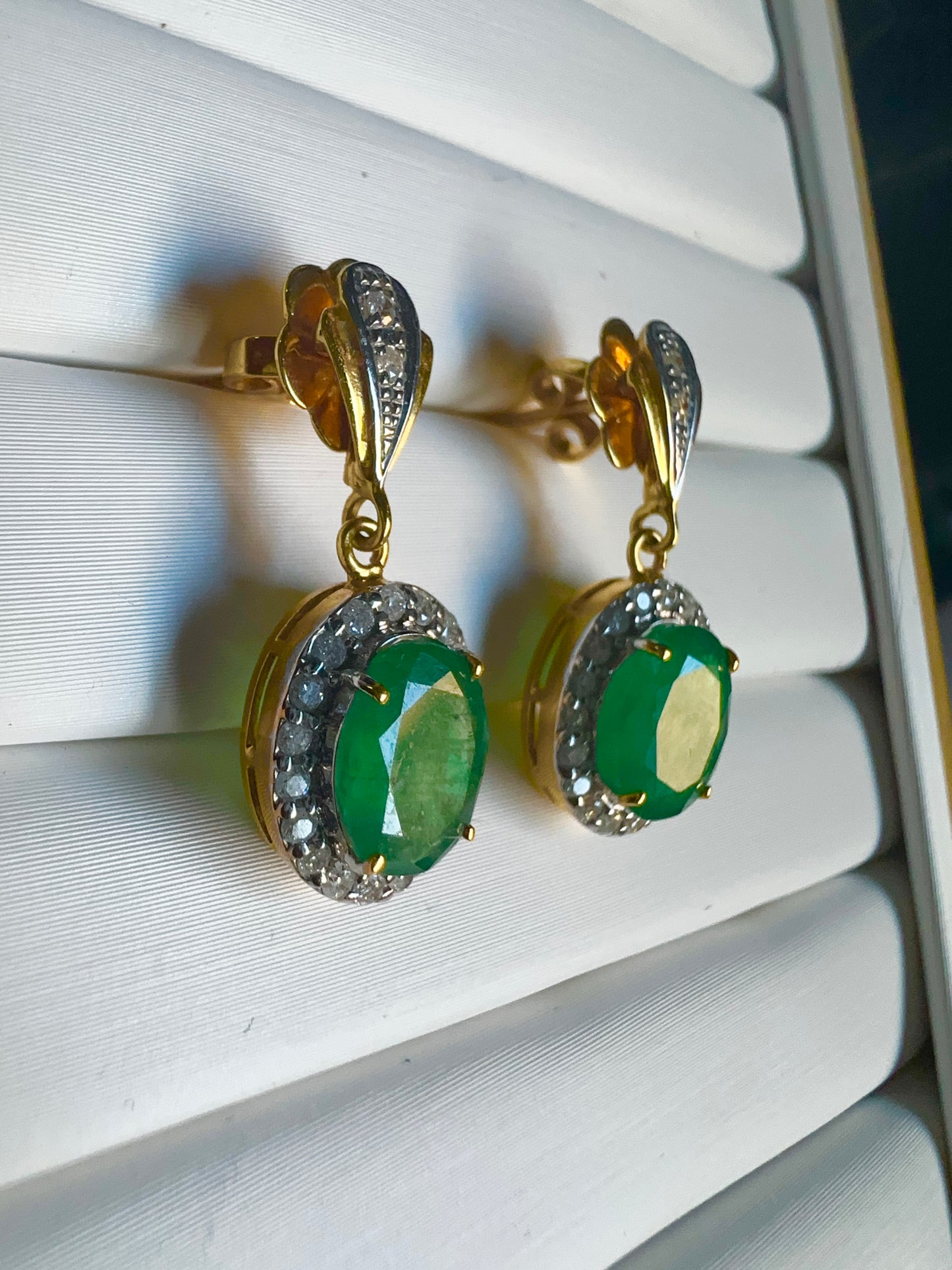 Timeless Natural Emerald & Diamond Dangle Earrings in 20K Solid Gold