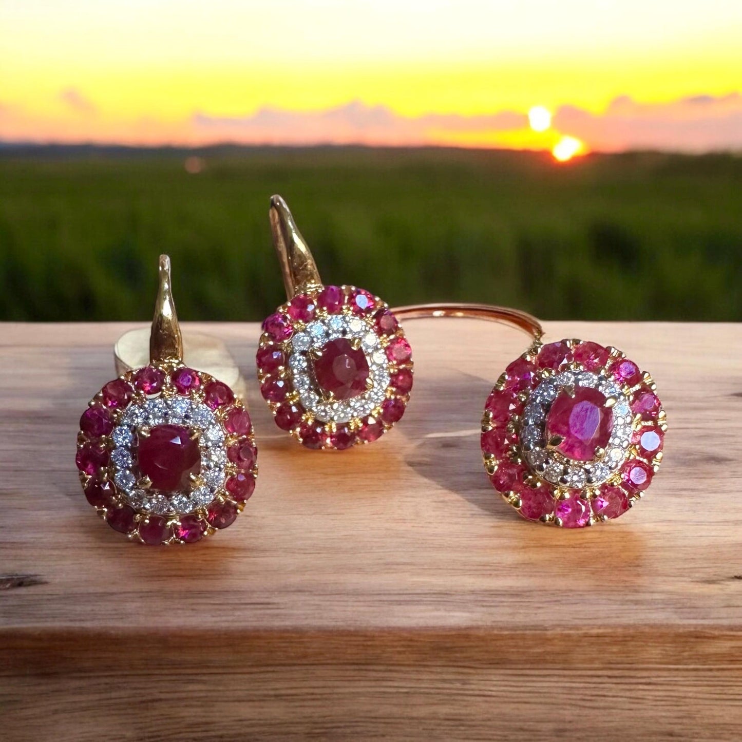 Stunning Earring & Pendant Set -Featuring Natural Unheated Burmese Ruby and Natural Diamond Earrings in 20K Solid Gold.