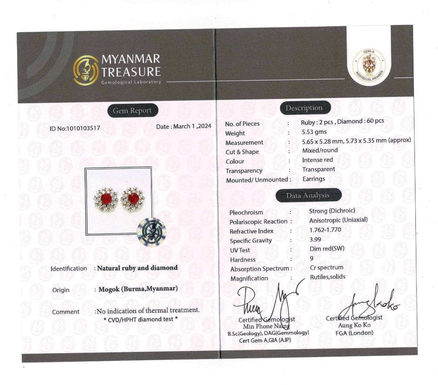 2.01CT Burmese Natural Unheated Ruby and Natural Diamonds Earrings in 18K Solid White Gold