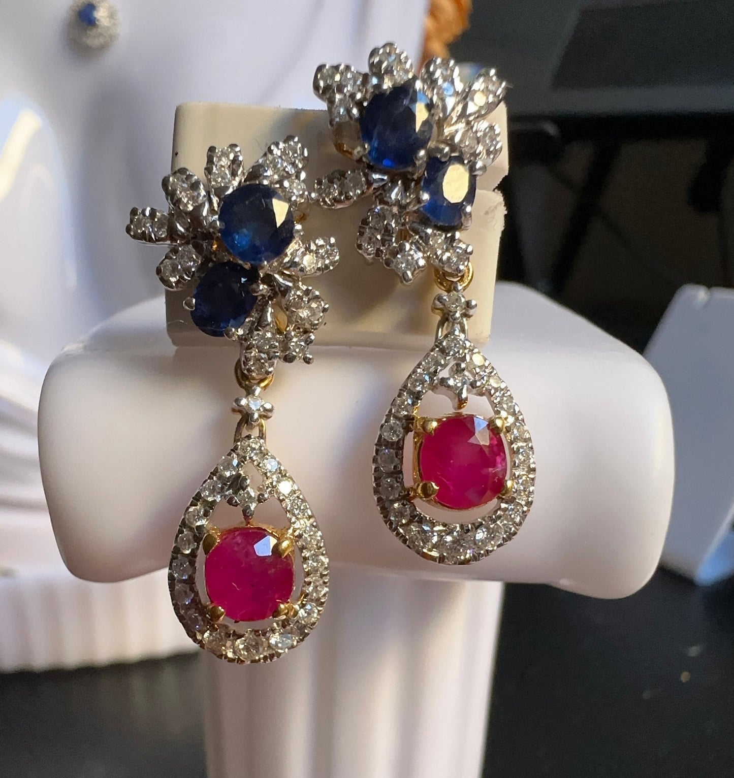 Beautiful natural untreated Burmese ruby, sapphire, and diamond (2 in 1) earring stud in 18K Solid Gold